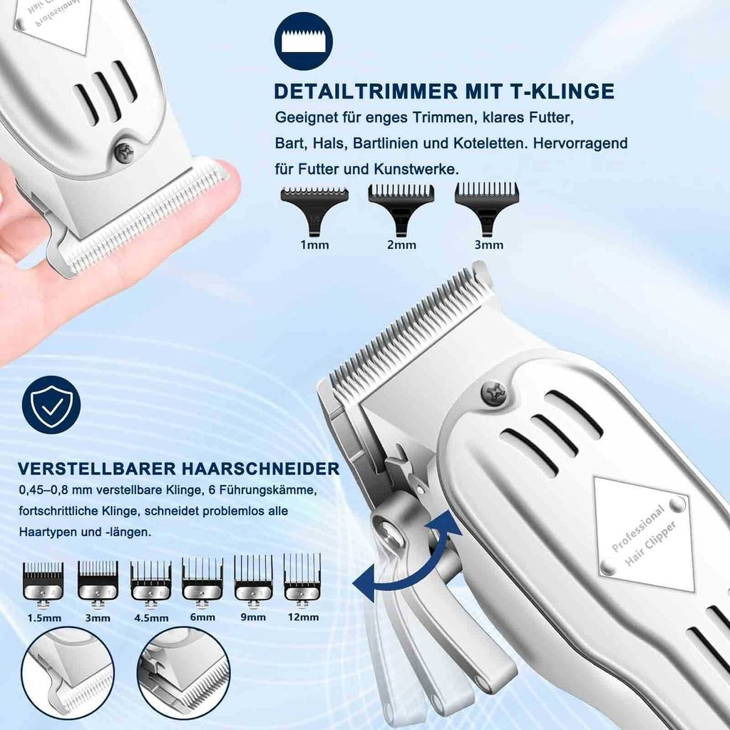 Ein weißer Haarschneider wird gezeigt mit Aufsätzen für verschiedene Längen.