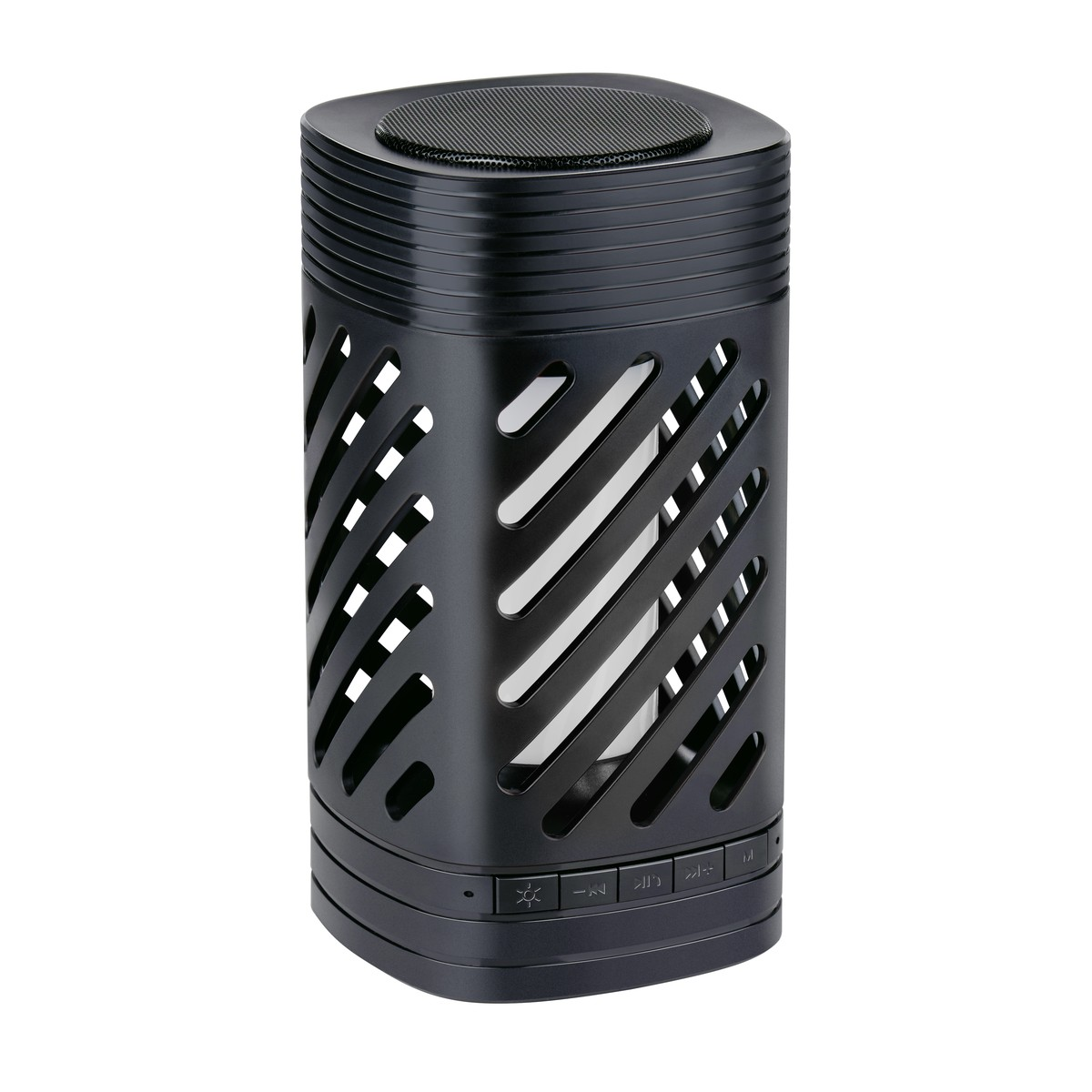 Black cylindrical speaker with a lattice pattern and control buttons.