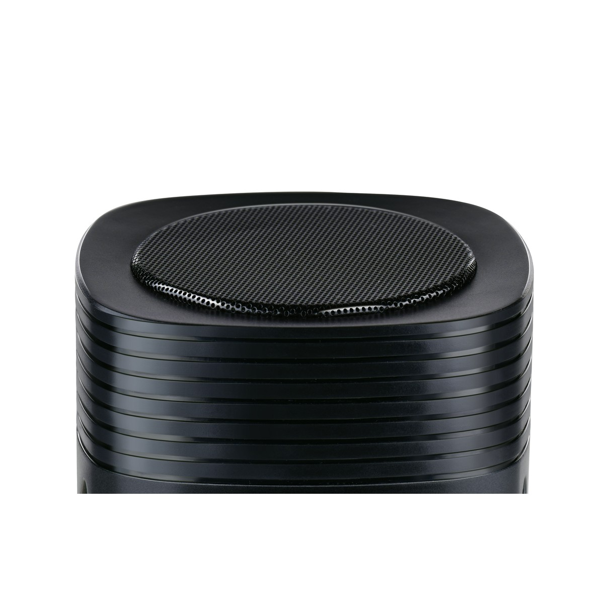 Black speaker with ribbed casing and circular grille on top.