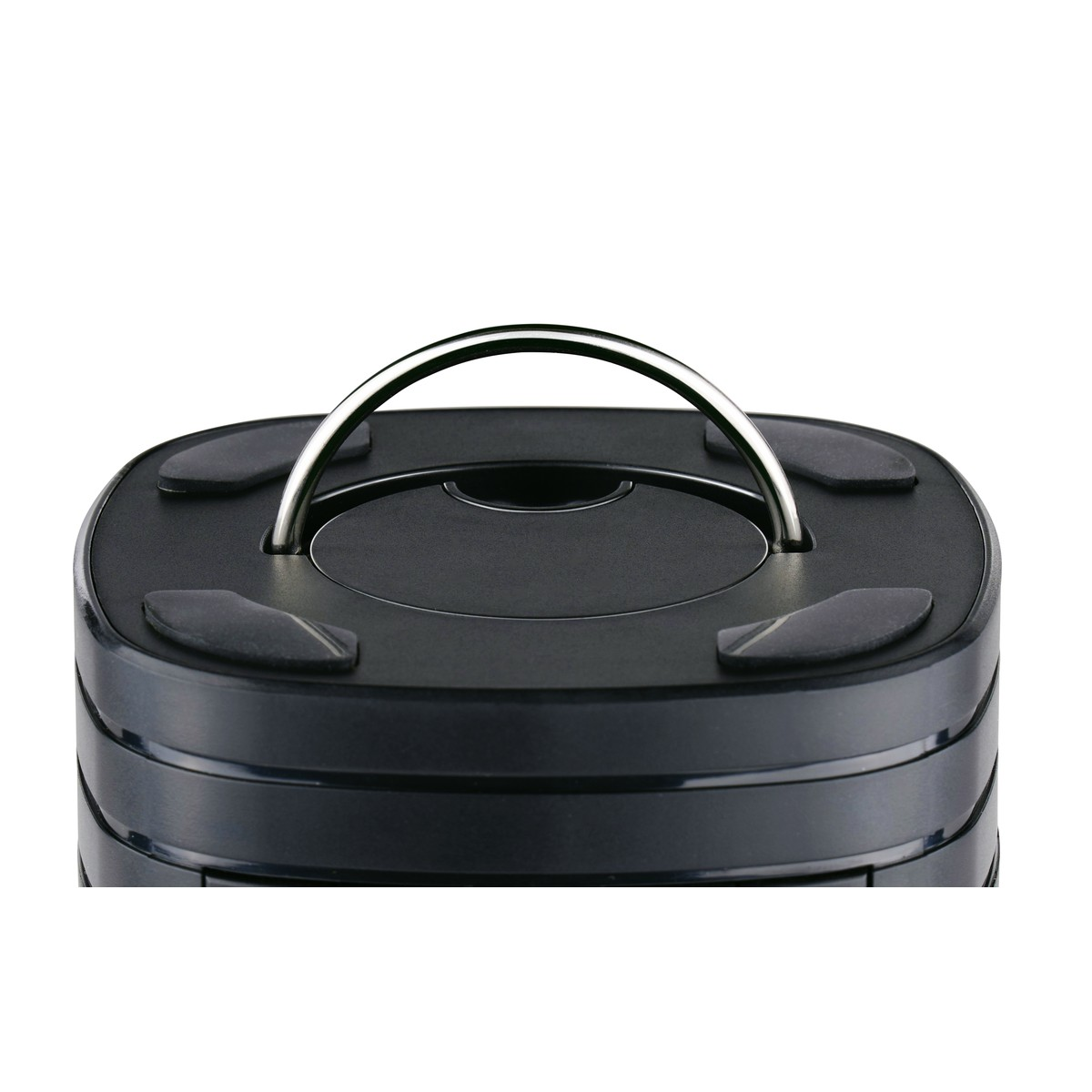 Black lantern top with silver handle and four dark gray feet. Isolated on white.