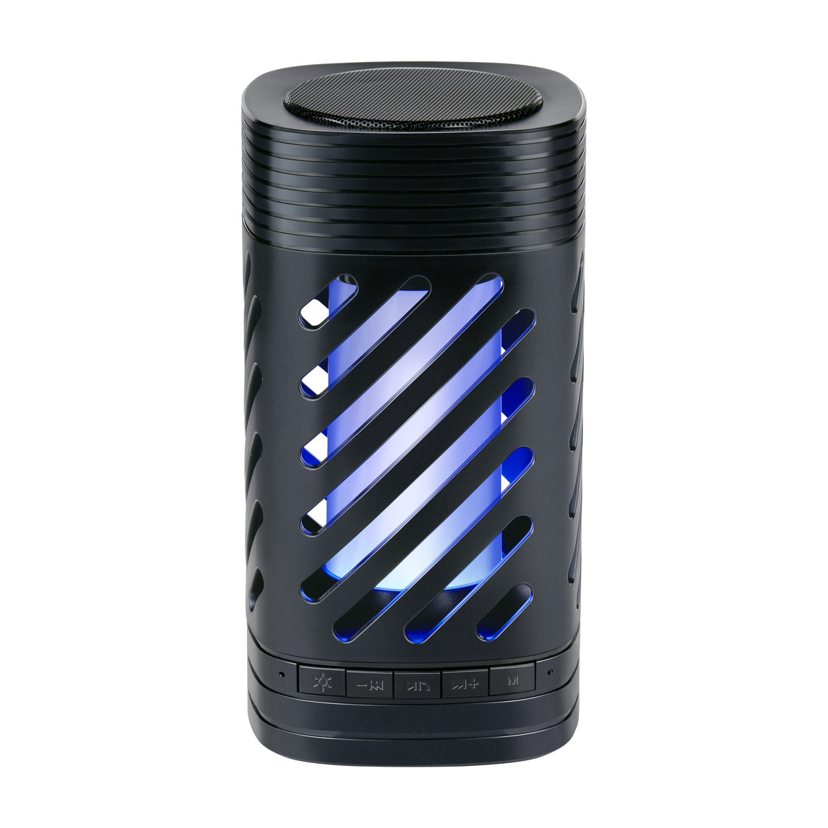 Black cylindrical speaker with blue lights and a lattice design.