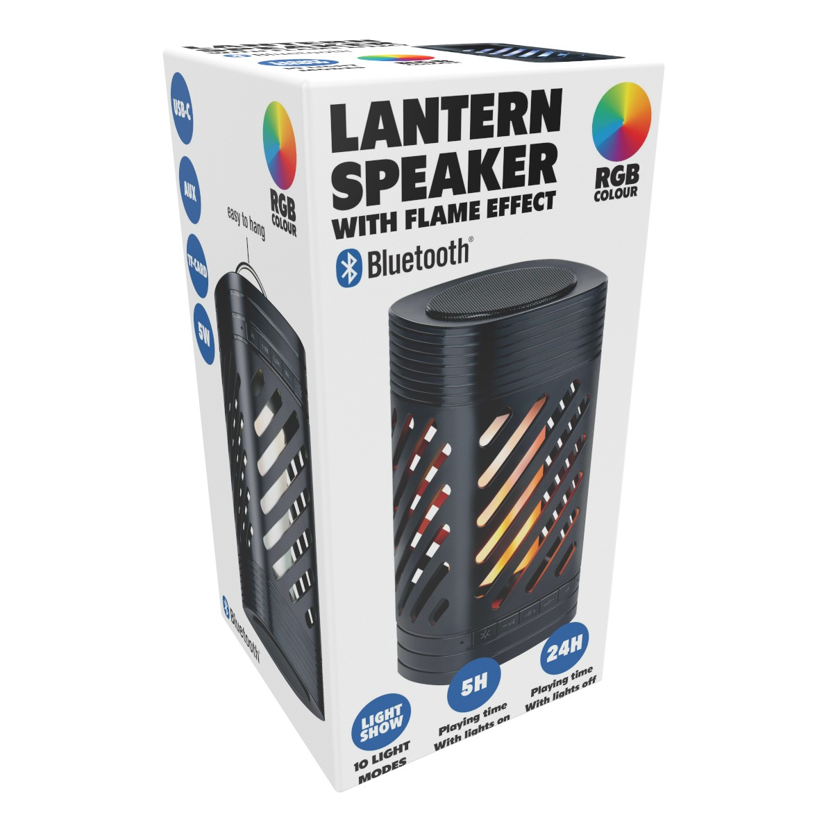 Box of a black lantern speaker with flame effect and RGB color.