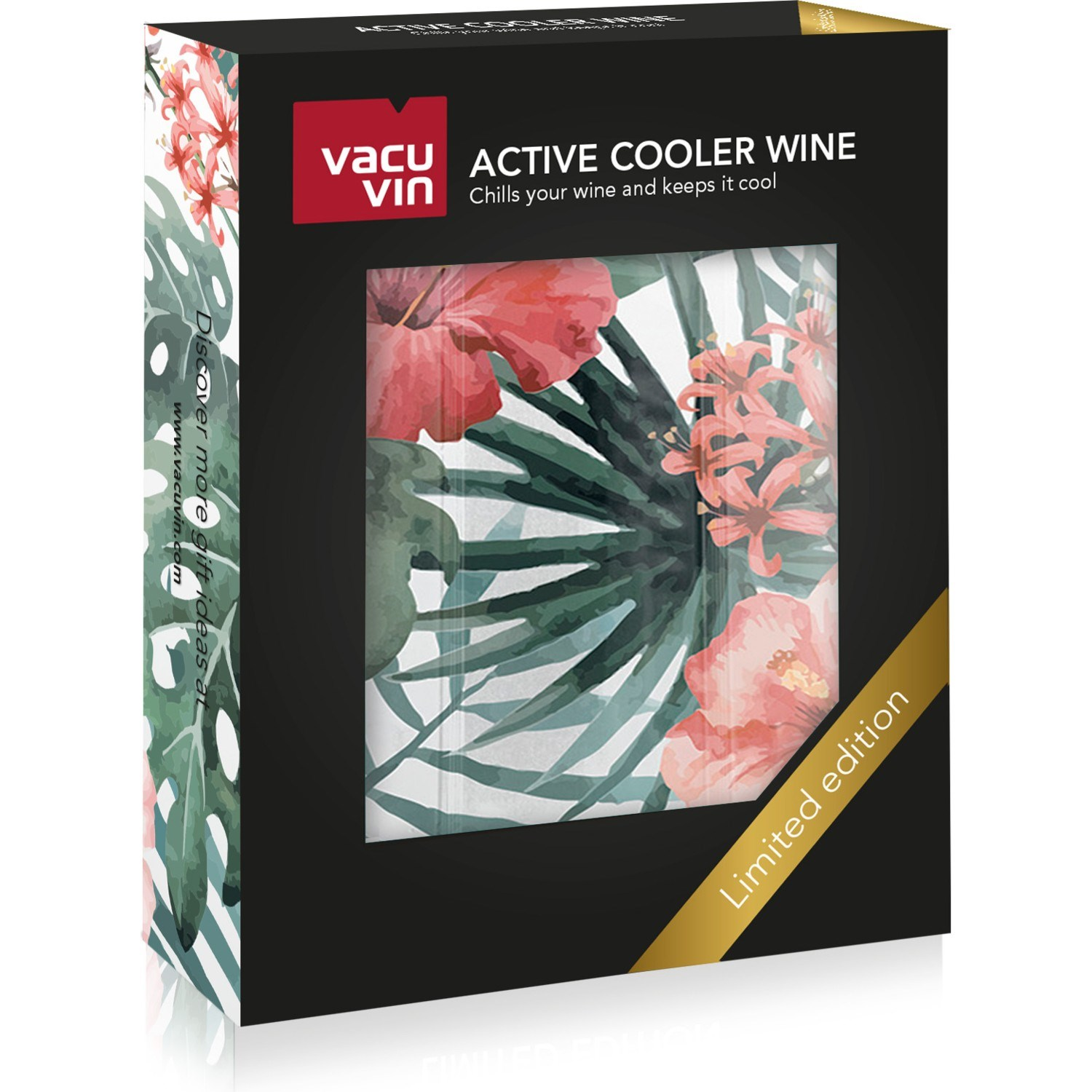 Şarap soğutucu için çiçek desenli kutu, 'Active Cooler Wine' yazısı.