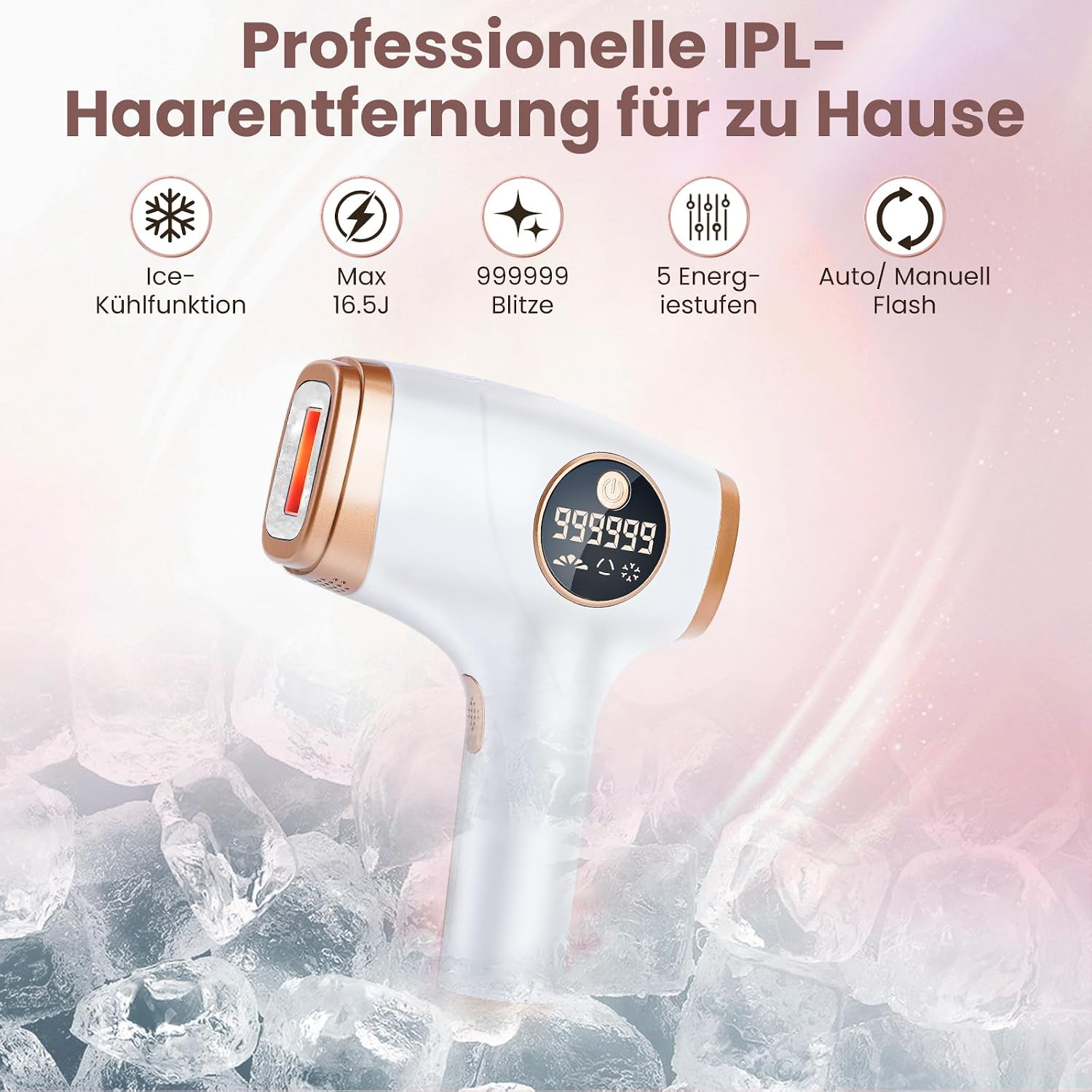 Ein weiß-goldenes IPL-Haarentfernungsgerät mit Eis-Kühlfunktion und 999.999 Blitzen.