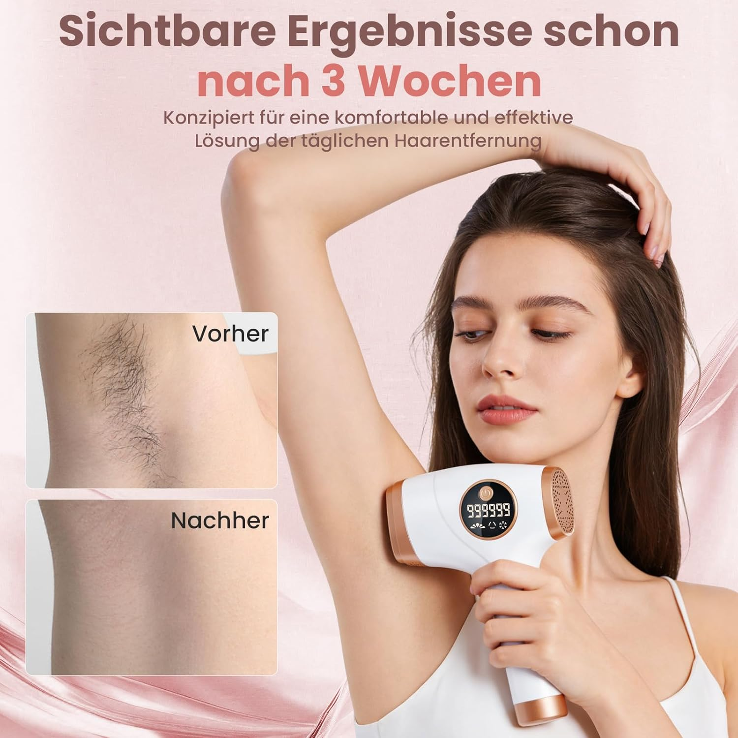 Frau mit Haarentfernungsgerät; Vorher-Nachher-Vergleich von Achselhaaren.