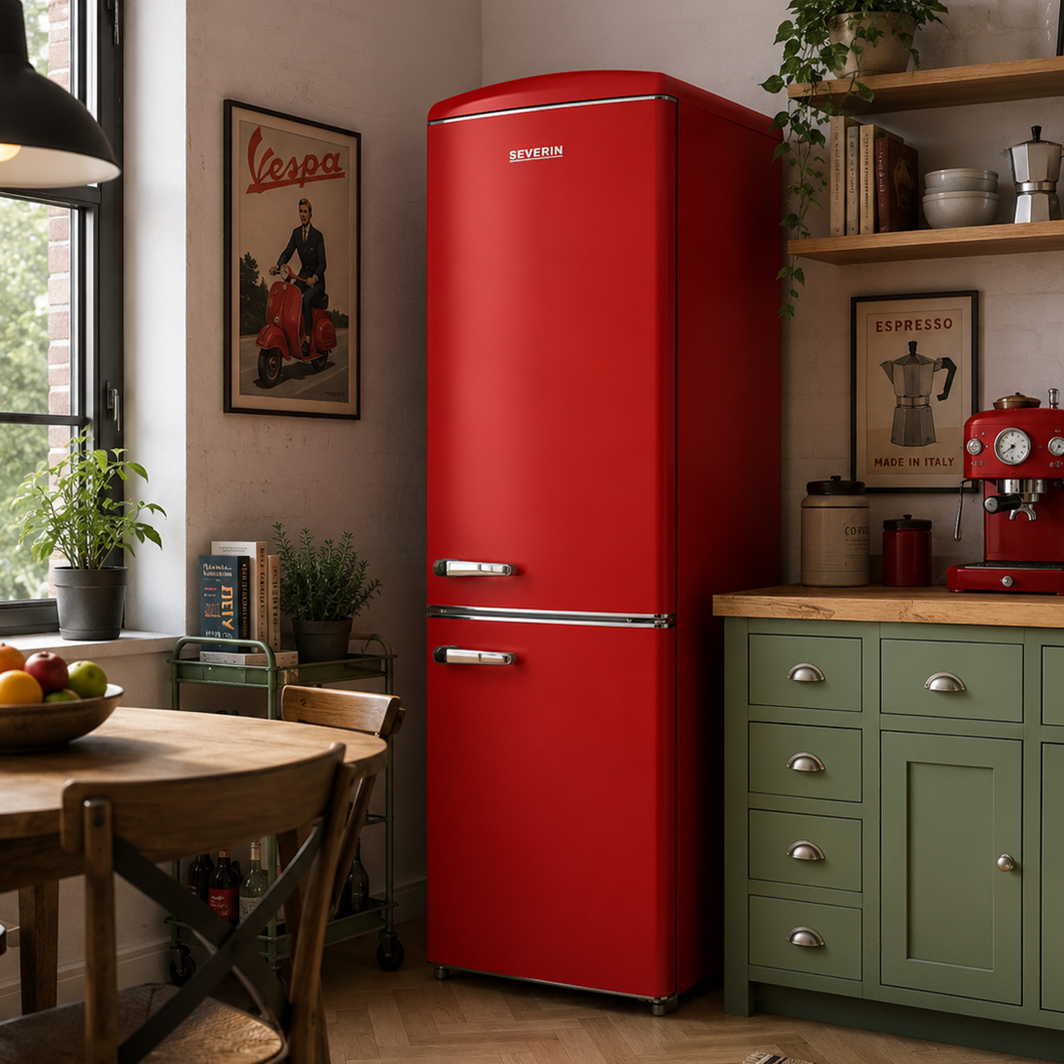 Un frigorifero rosso stile vintage in una cucina con pavimento in legno.