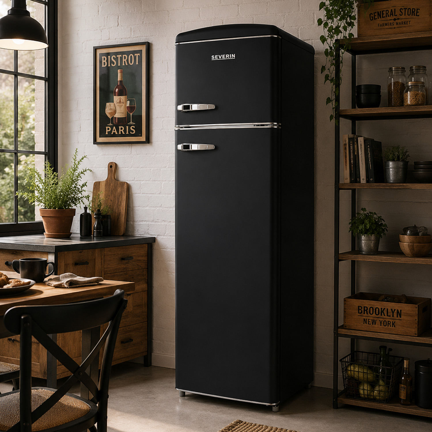 A black retro refrigerator stands in a kitchen next to a wooden table and chairs.