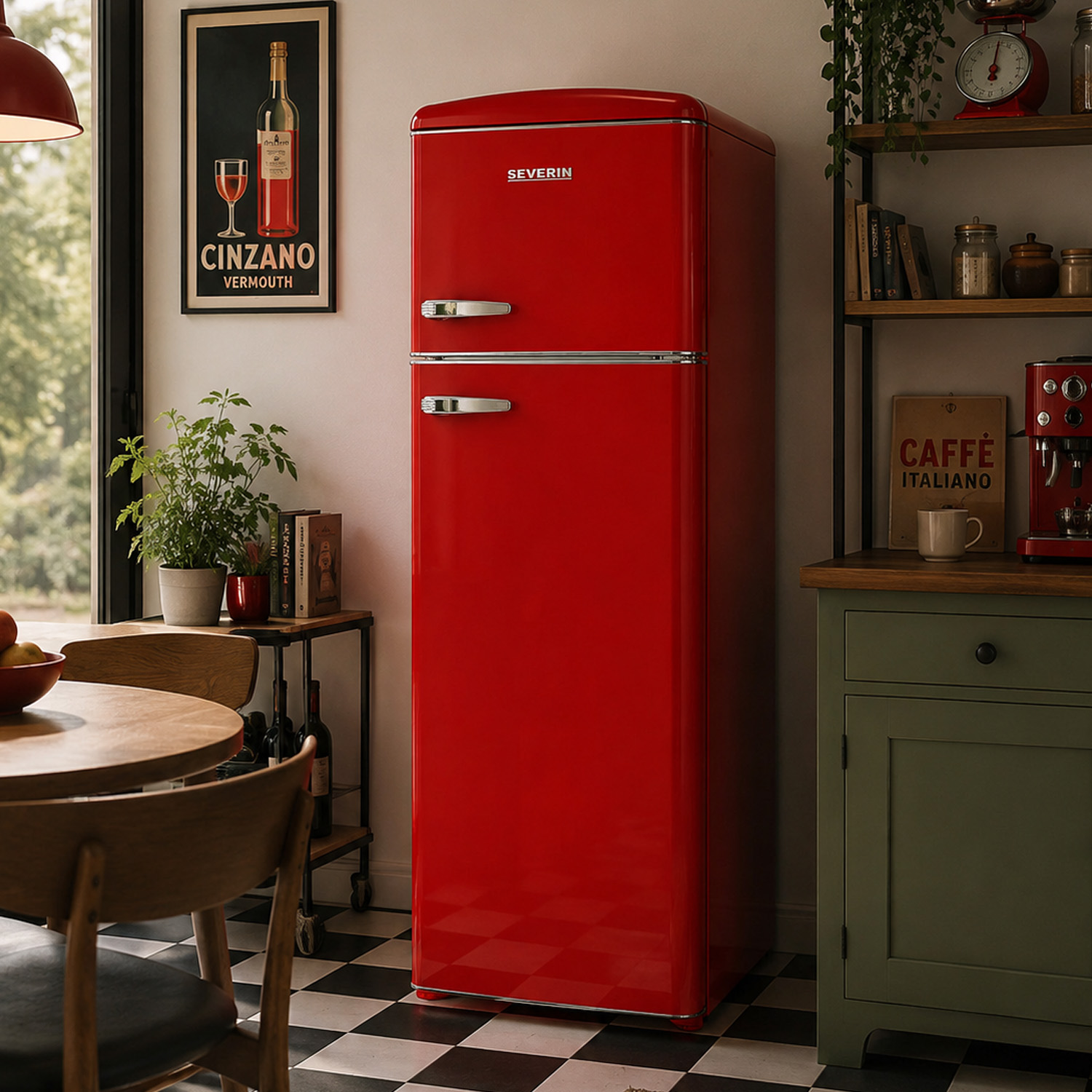 A red retro refrigerator stands in a kitchen with a checkered floor.
