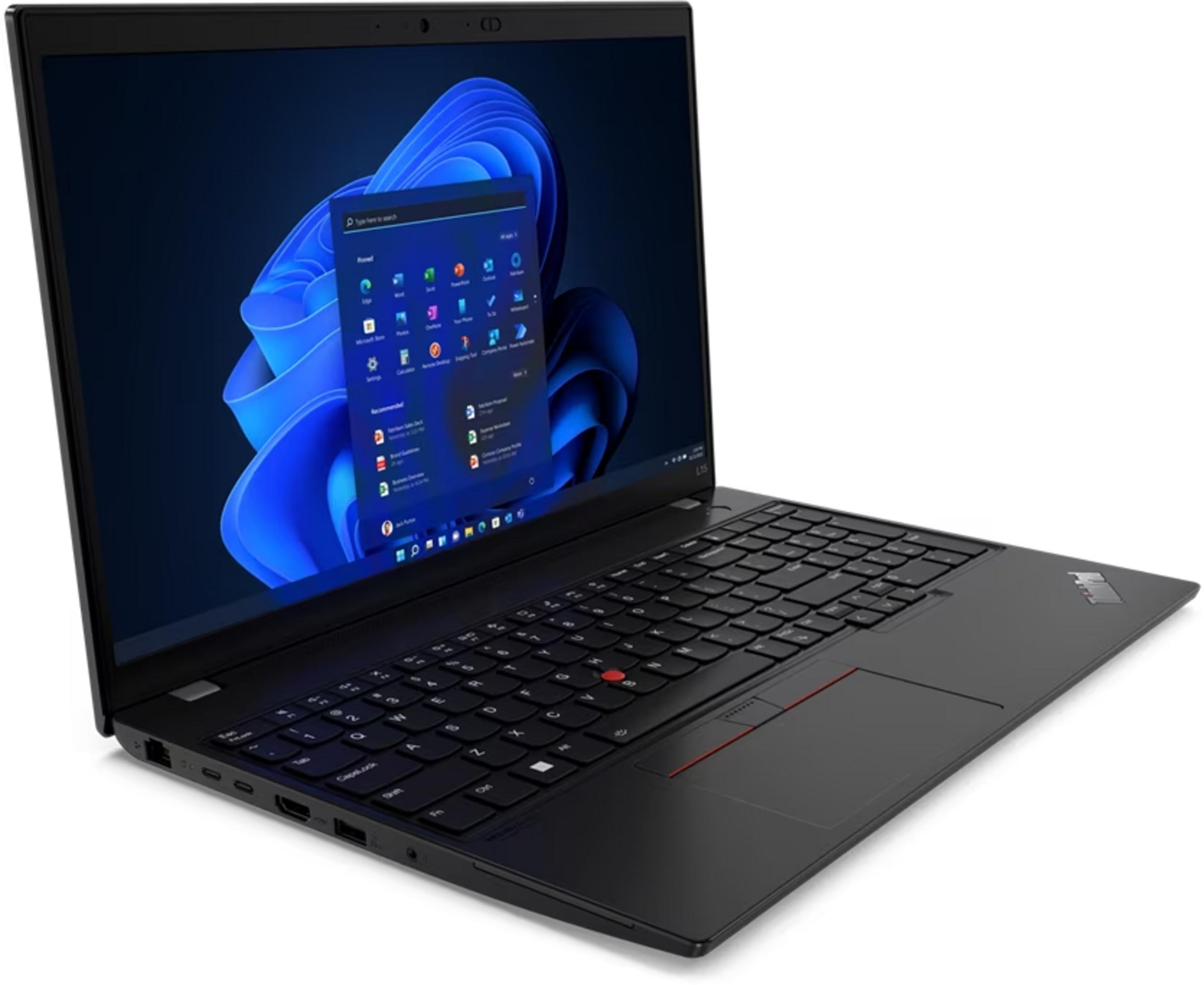 Ein schwarzer Laptop mit einem blauen Hintergrundbild und geöffnetem Startmenü.