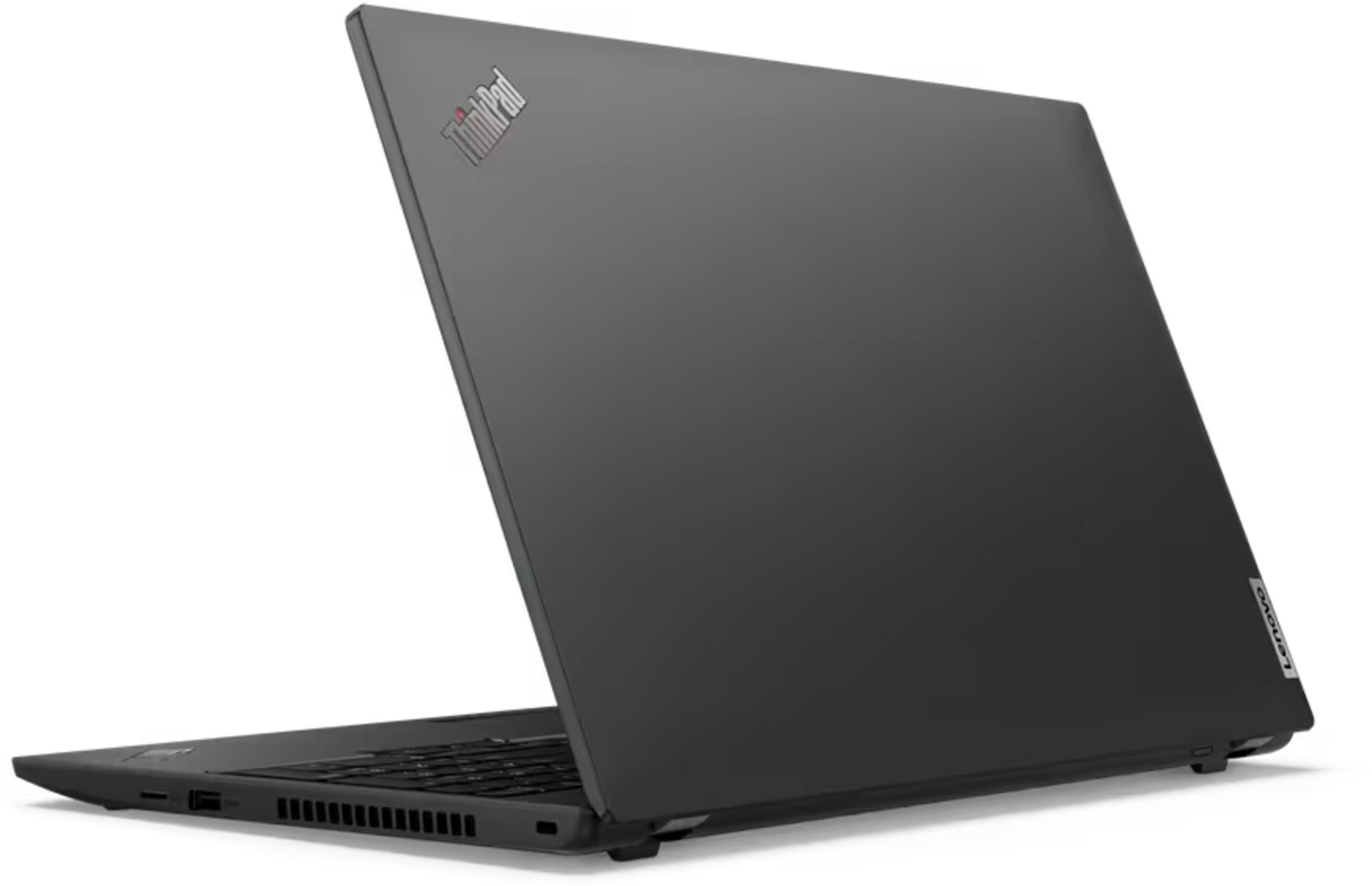 Ein geschlossener, schwarzer Lenovo ThinkPad Laptop auf weißem Hintergrund.
