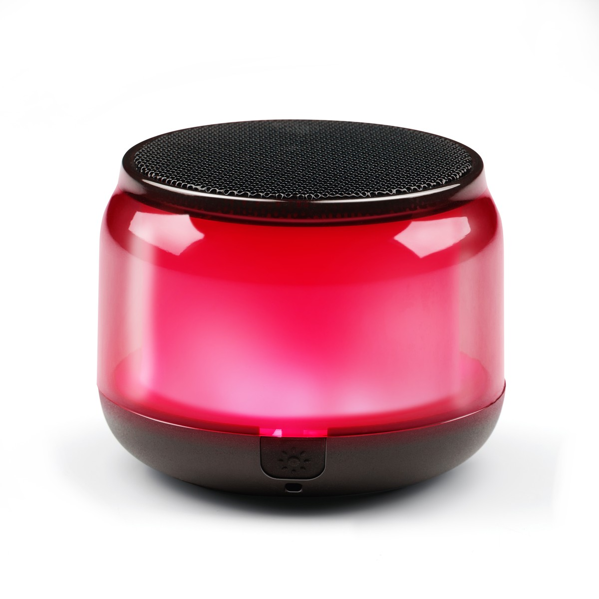 A round, transparent red speaker with a black grille on top.