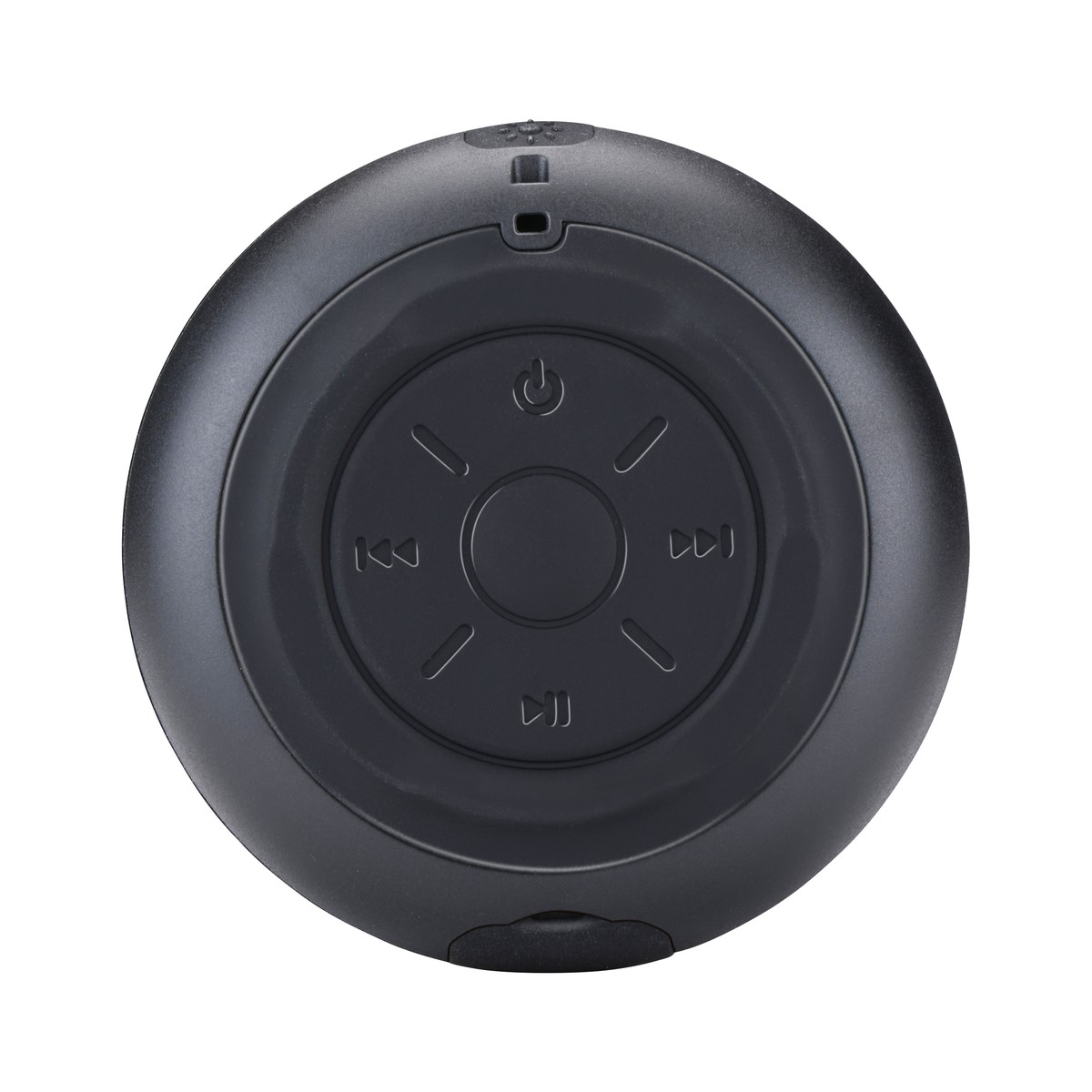 Black round speaker with control buttons like play, pause, and skip.
