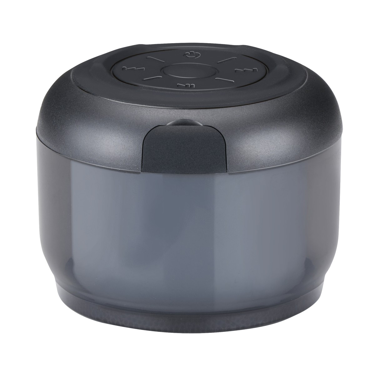 A dark, cylindrical speaker with controls on top and a translucent body.