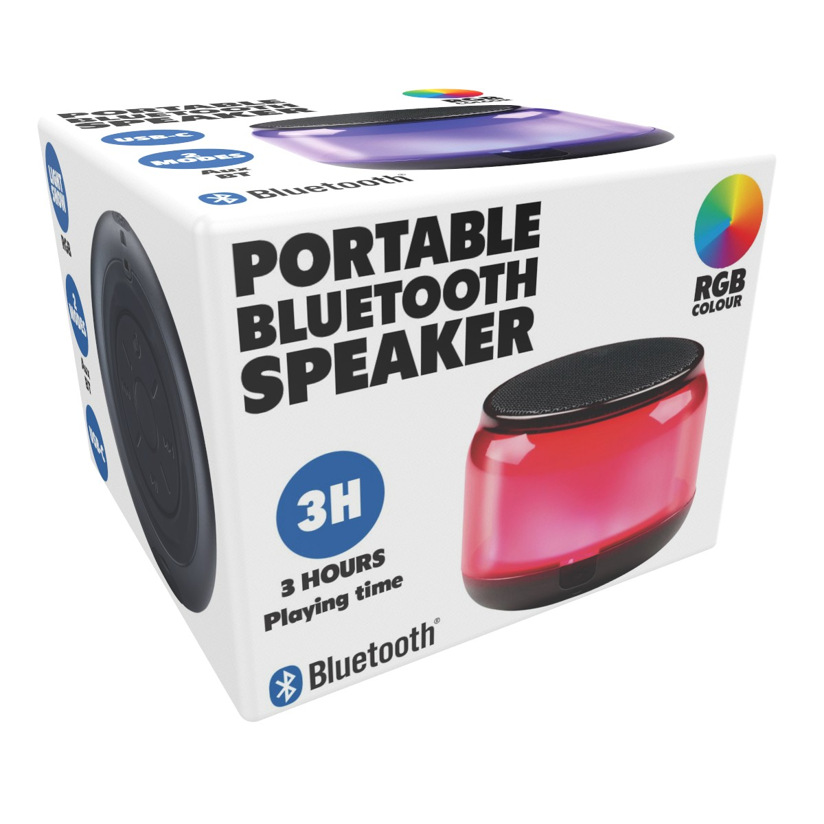 Box of a portable Bluetooth speaker with RGB colors and 3 hours of playing time.