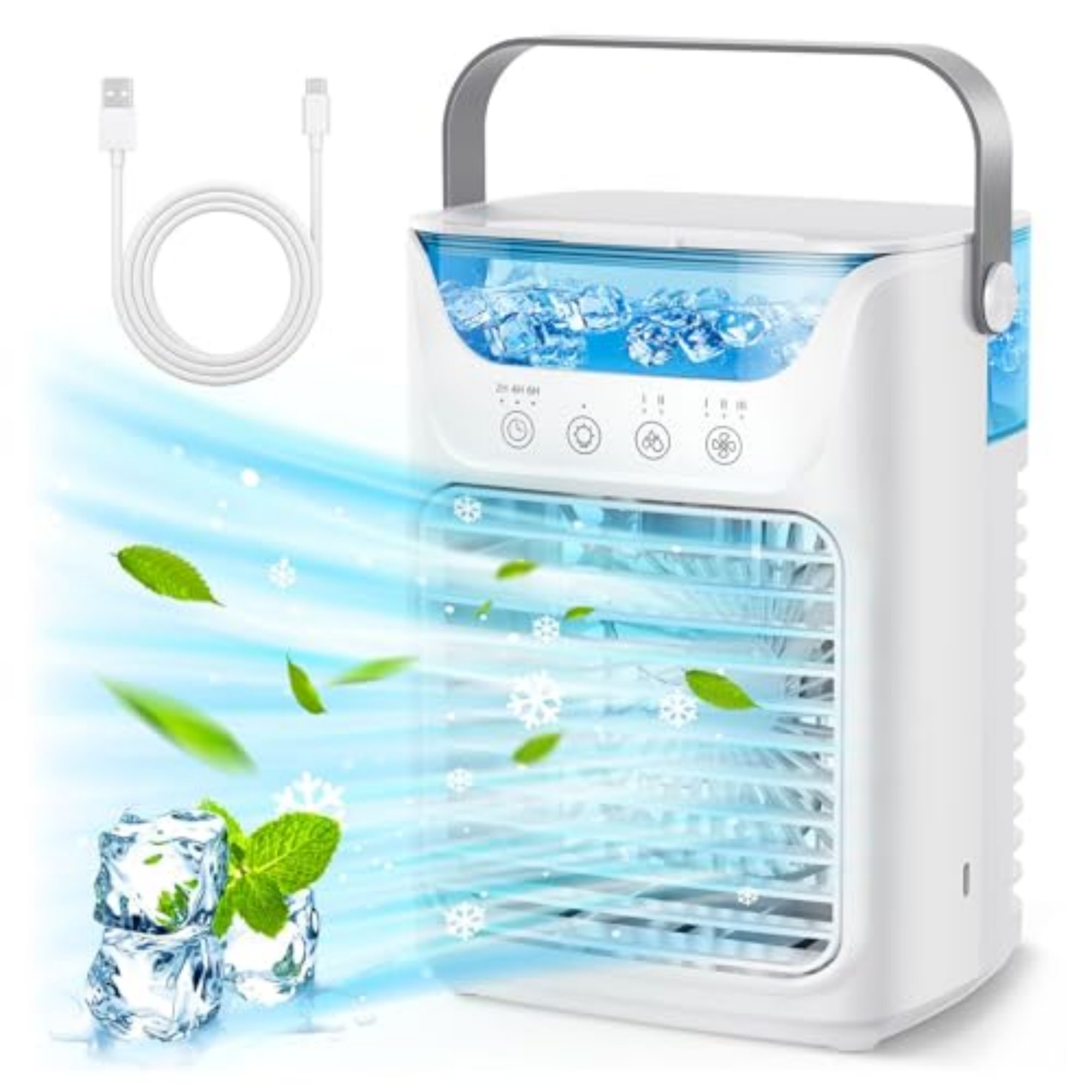 Ein weißer tragbarer Luftkühler mit Eiswürfeln, Minze und Blättern.