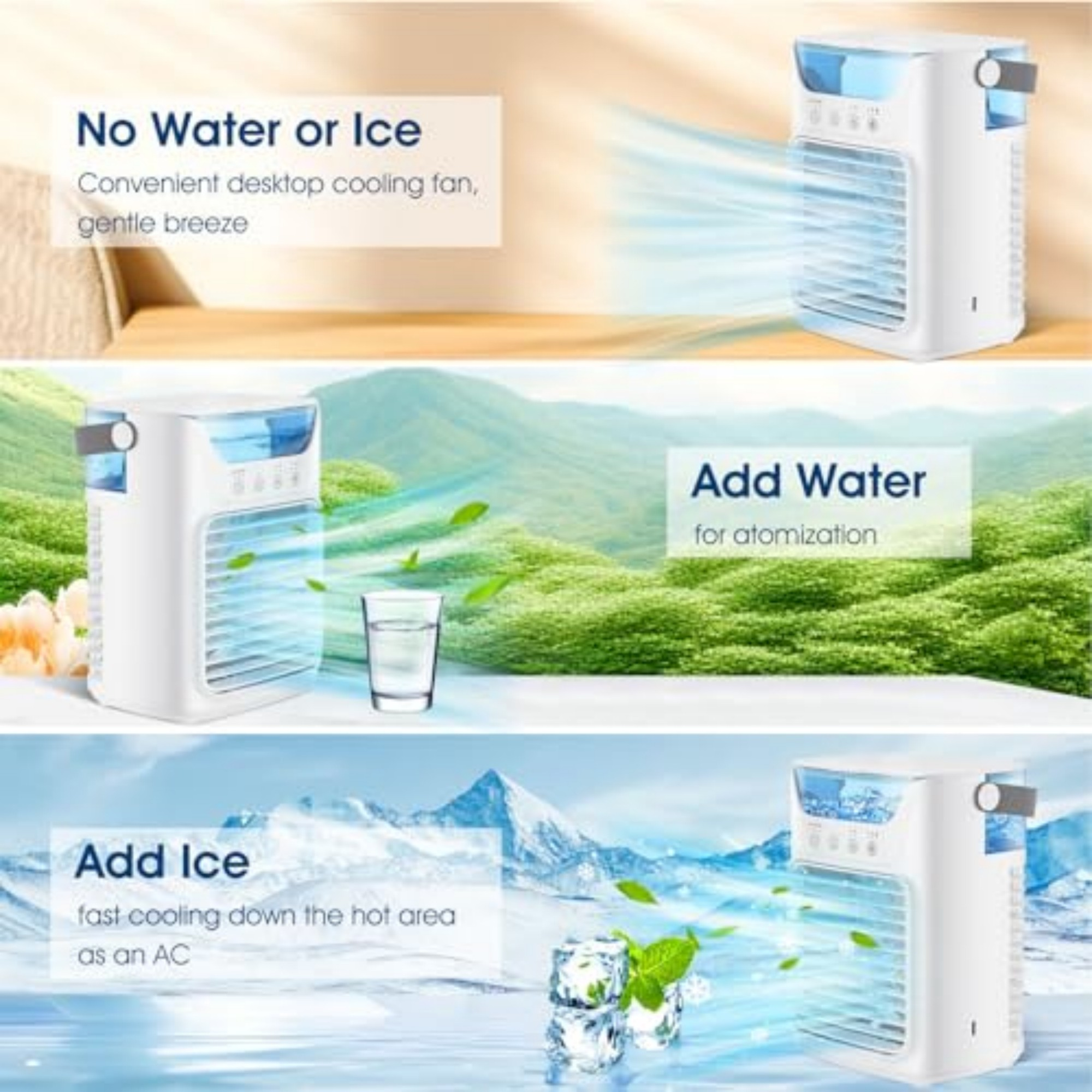 Ein weißer Lüfter mit blauen Akzenten, der Luft ausstößt, mit Text über Wasser und Eis.