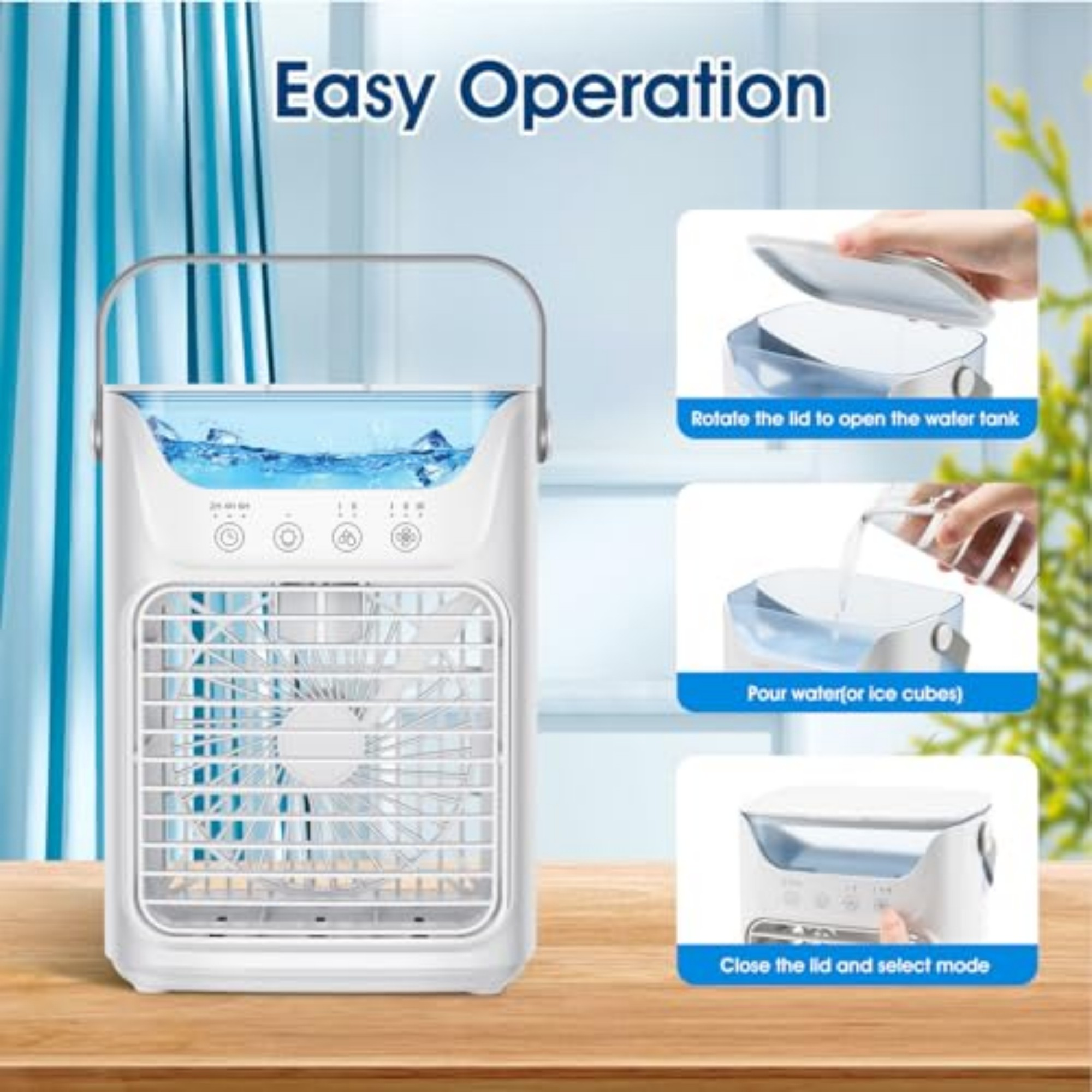 Ein weißer tragbarer Lüfter mit Wassertank, der mit Eis und Wasser gefüllt wird.
