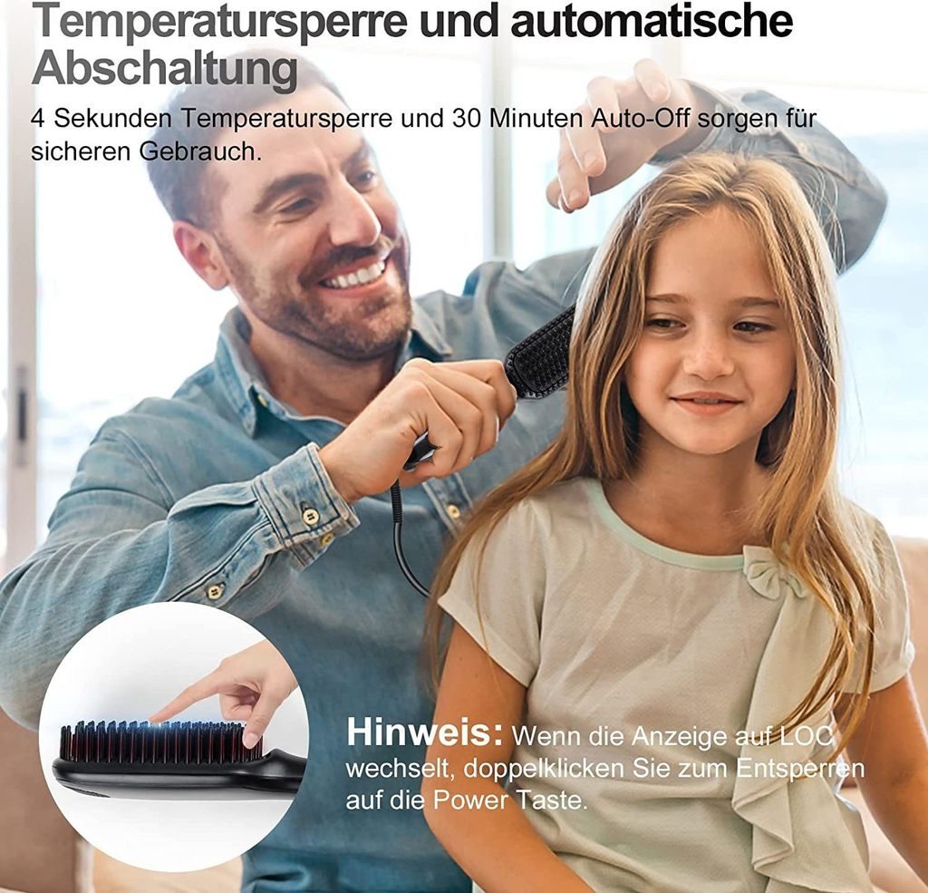 Mann kämmt Kind mit Glättbürste. Hinweis auf automatische Abschaltung.