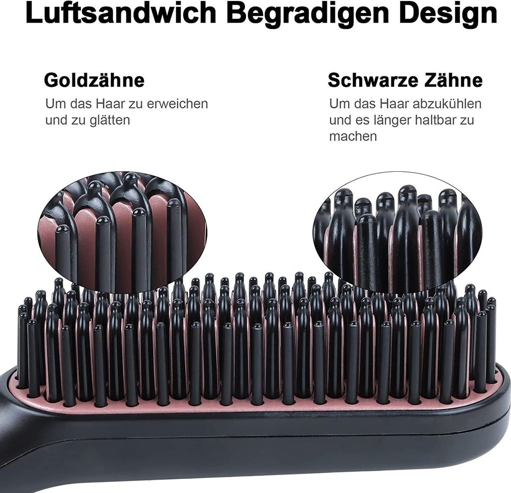 Ein schwarzer Glättungsbürstenkopf mit goldenen und schwarzen Zähnen und Nahaufnahmen.