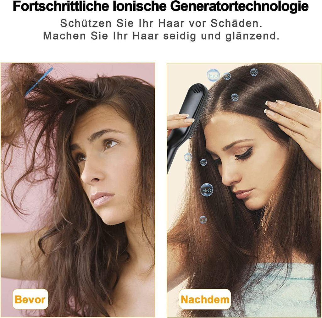 Vorher: krauses Haar. Nachher: glattes Haar mit H2O-Symbolen.