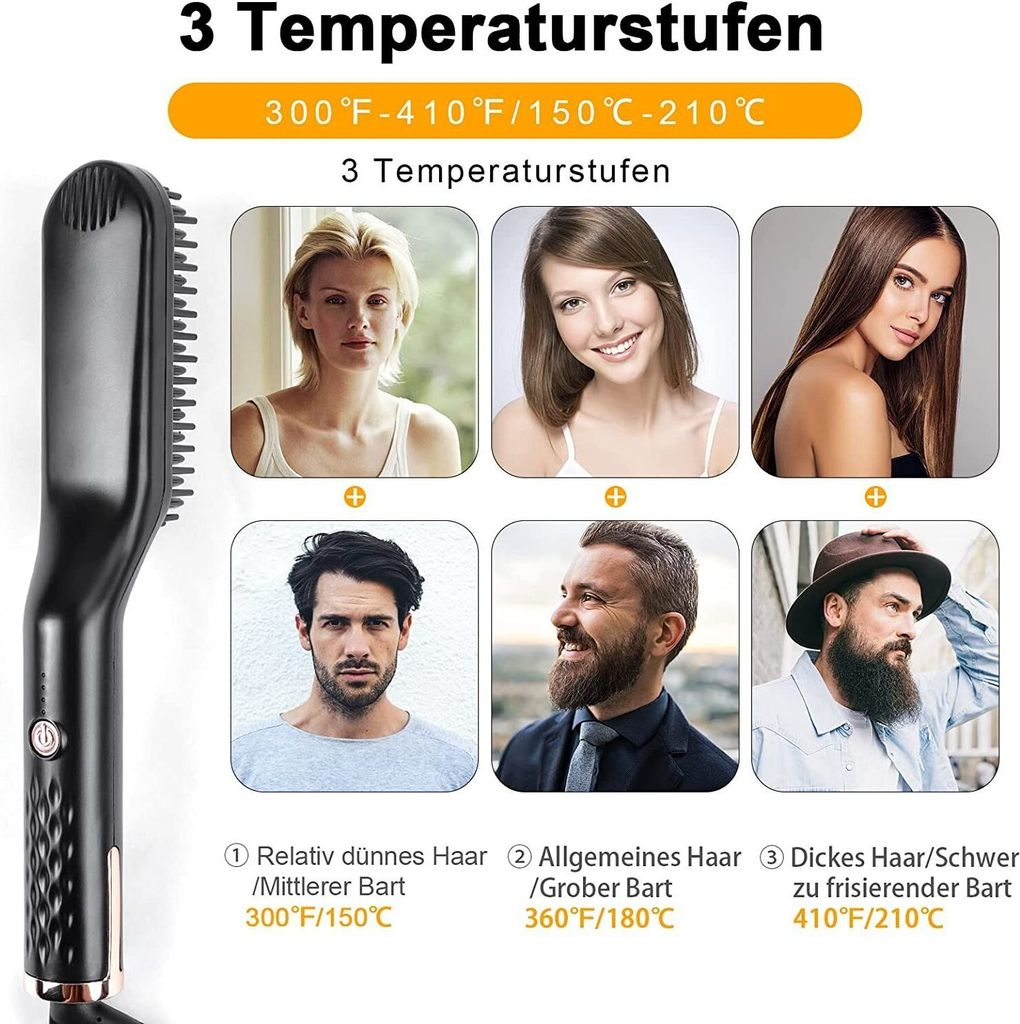 Glättbürste mit 3 Temperatureinstellungen für verschiedene Haar- und Barttypen.