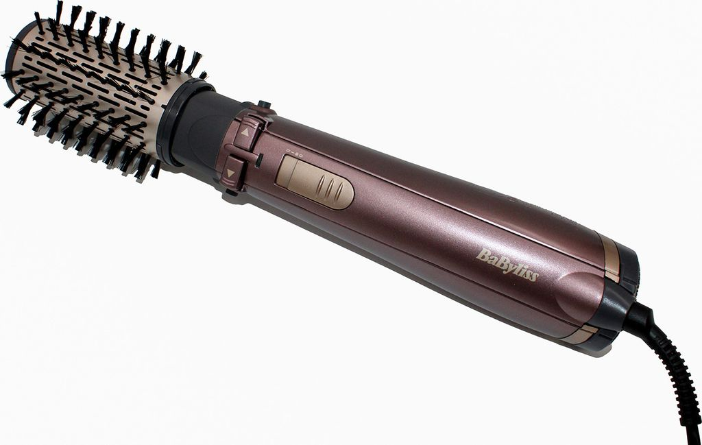 Ein brauner Babyliss-Haartrockner mit Rundbürstenkopf und Schaltern.