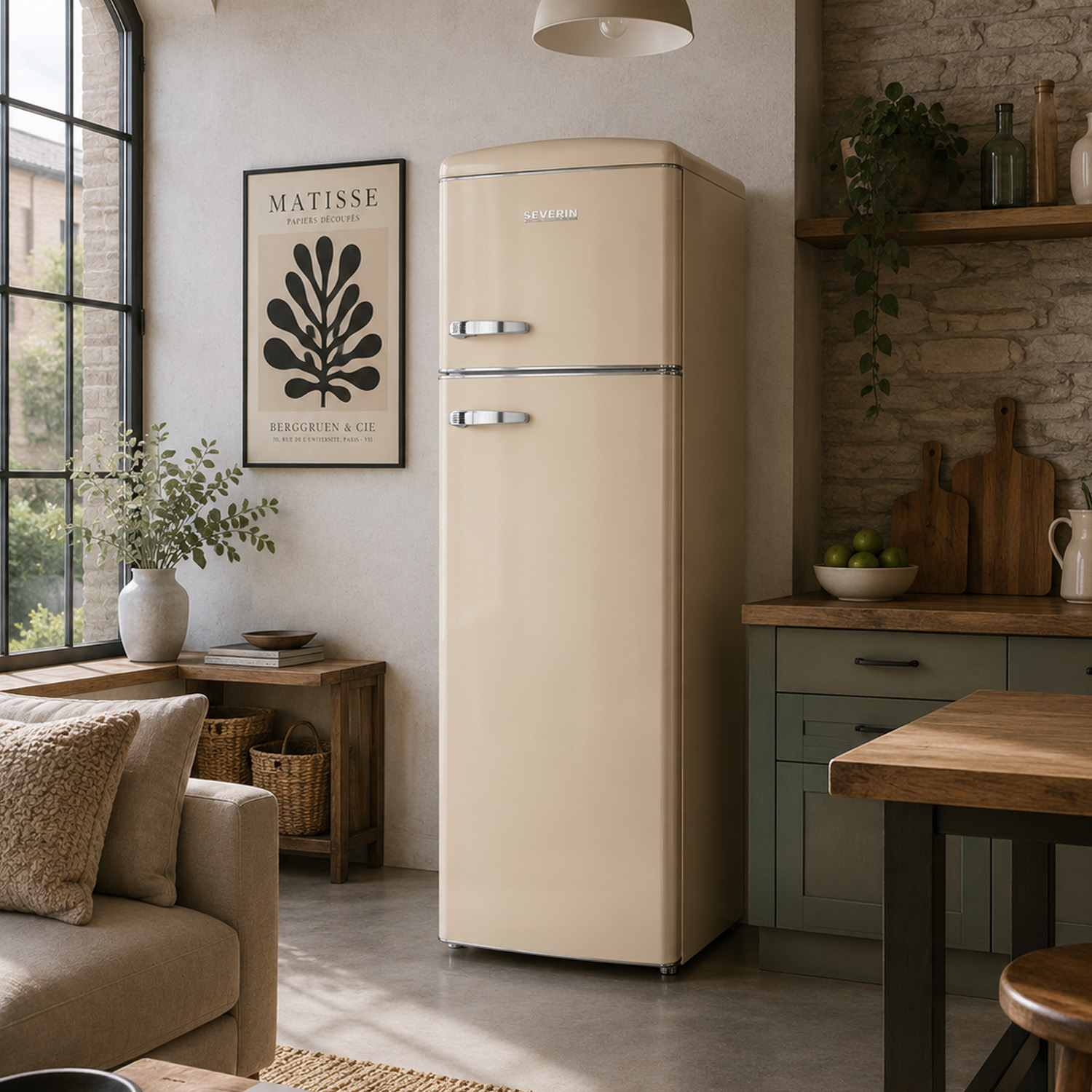 A beige retro refrigerator stands in a bright kitchen next to a sofa and a wooden table.