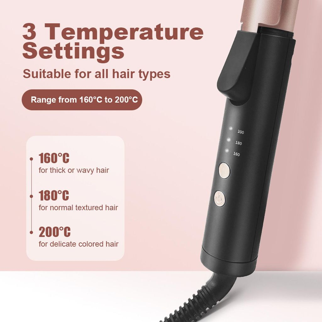 Haar-Lockenstab mit 3 Temperatureinstellungen: 160°C, 180°C, 200°C. Für alle Haartypen geeignet.
