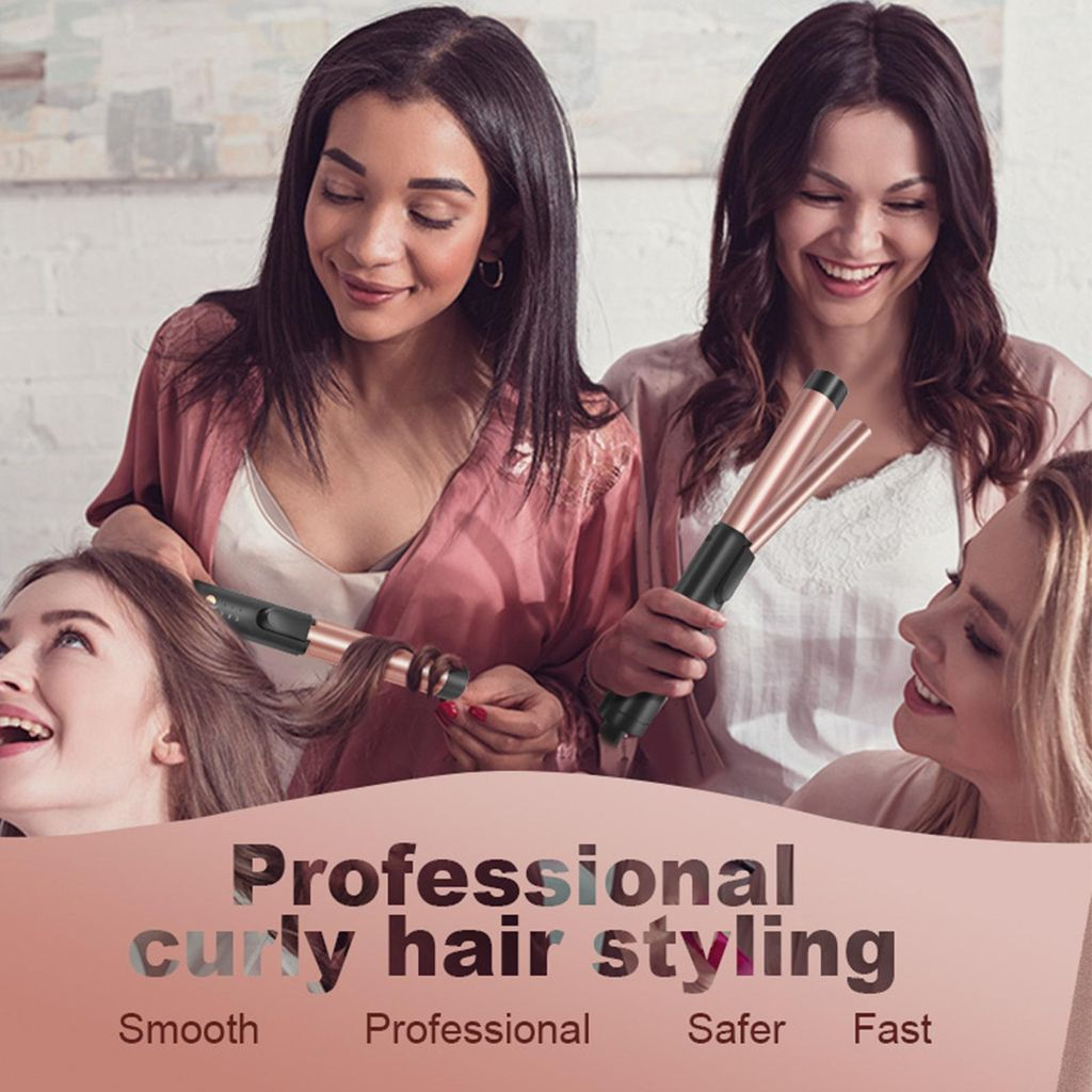 Drei Frauen stylen ihre Haare mit Lockenstäben, die für professionelles Styling stehen.