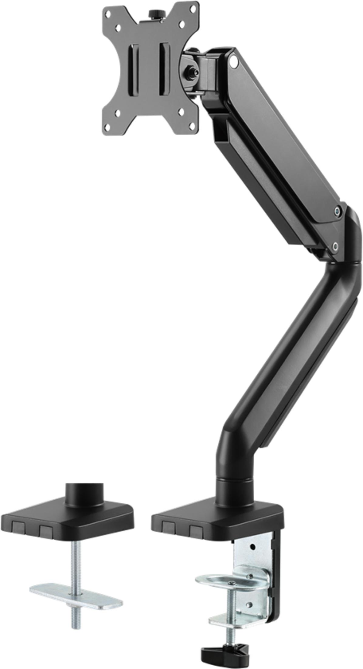 A black monitor arm with a desk clamp and VESA mount.