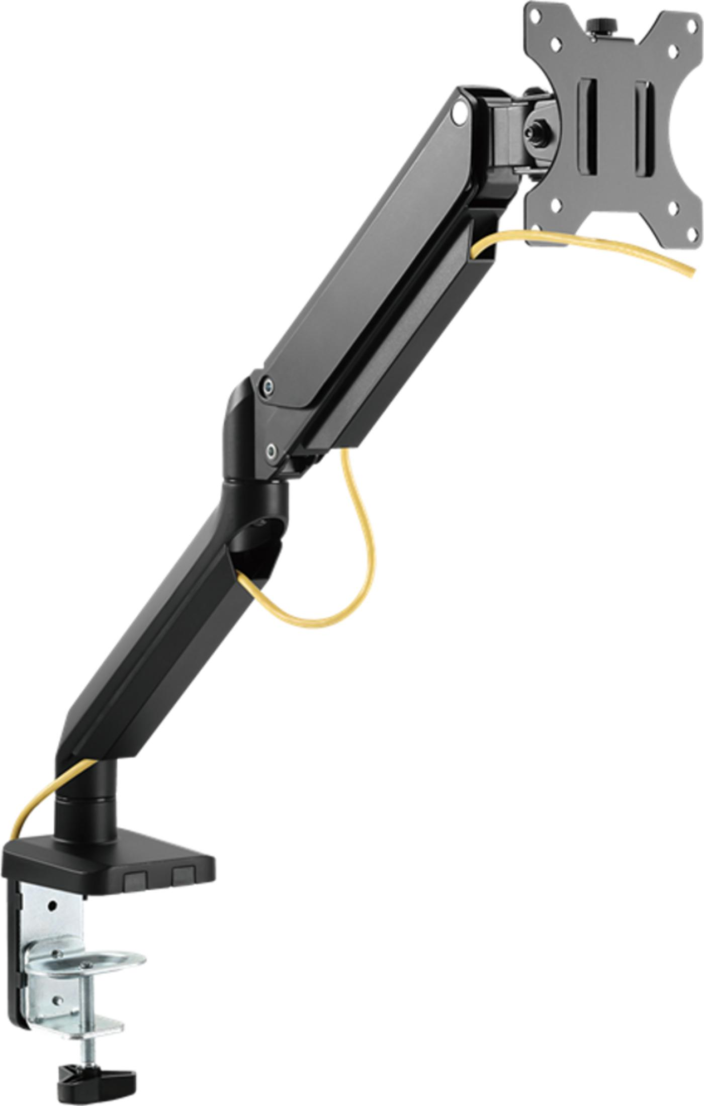 Black monitor arm with clamp base and yellow cable