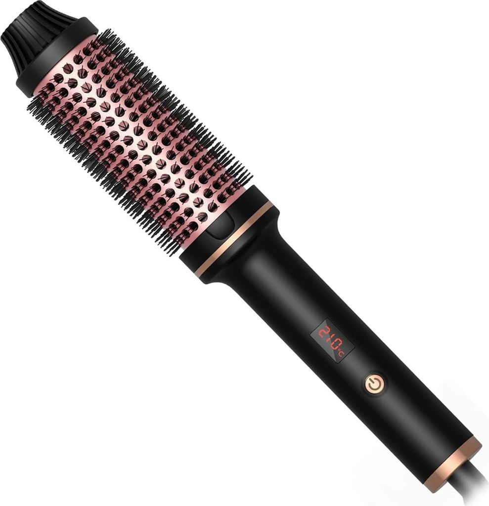 Eine schwarze Heißluftbürste mit roségoldfarbenem Zylinder und digitaler Temperaturanzeige.