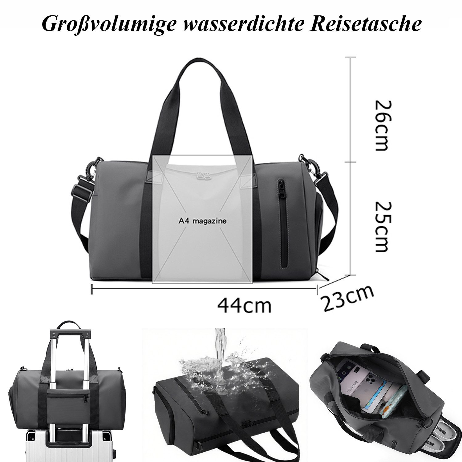 Graue Reisetasche mit Maßen, A4-Magazin-Vergleich, Wasserdichtigkeitstest und Inhalt.