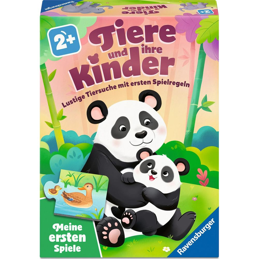 Due panda che si abbracciano, un puzzle con un'anatra e un tabellone per bambini.