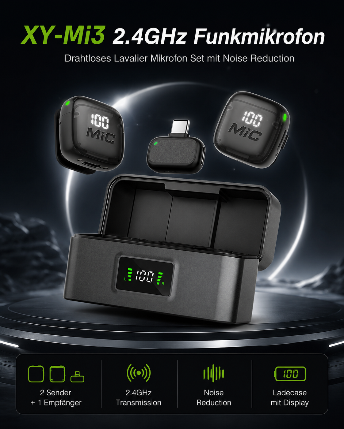 Drahtloses XY-Mi3 2.4GHz Mikrofon-Set mit Ladecase und Display.
