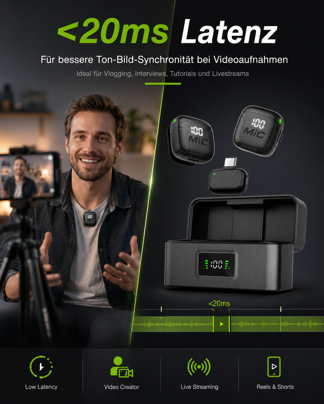 Mann mit Mikrofon, Latenz-Anzeige, Ladebox und Icons: Low Latency, Video Creator, Live Streaming.
