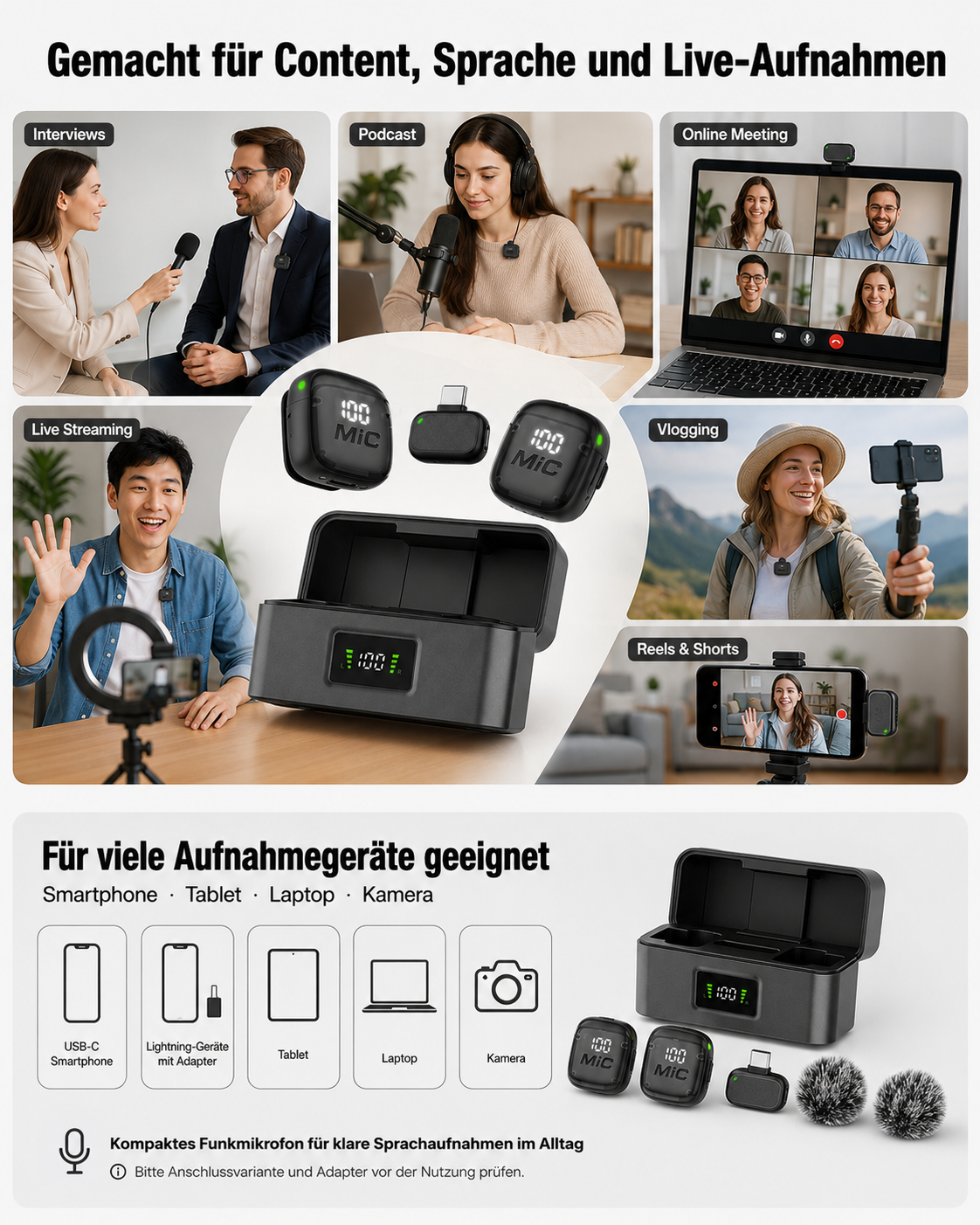 Collage zeigt Mikrofon-Anwendungen: Interviews, Podcast, Online Meeting, Live Streaming, Vlogging, Reels.