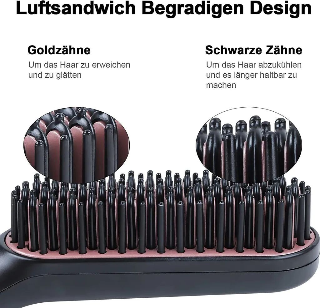 Haarglätter mit goldenen und schwarzen Zähnen; Detailansichten zur Veranschaulichung.