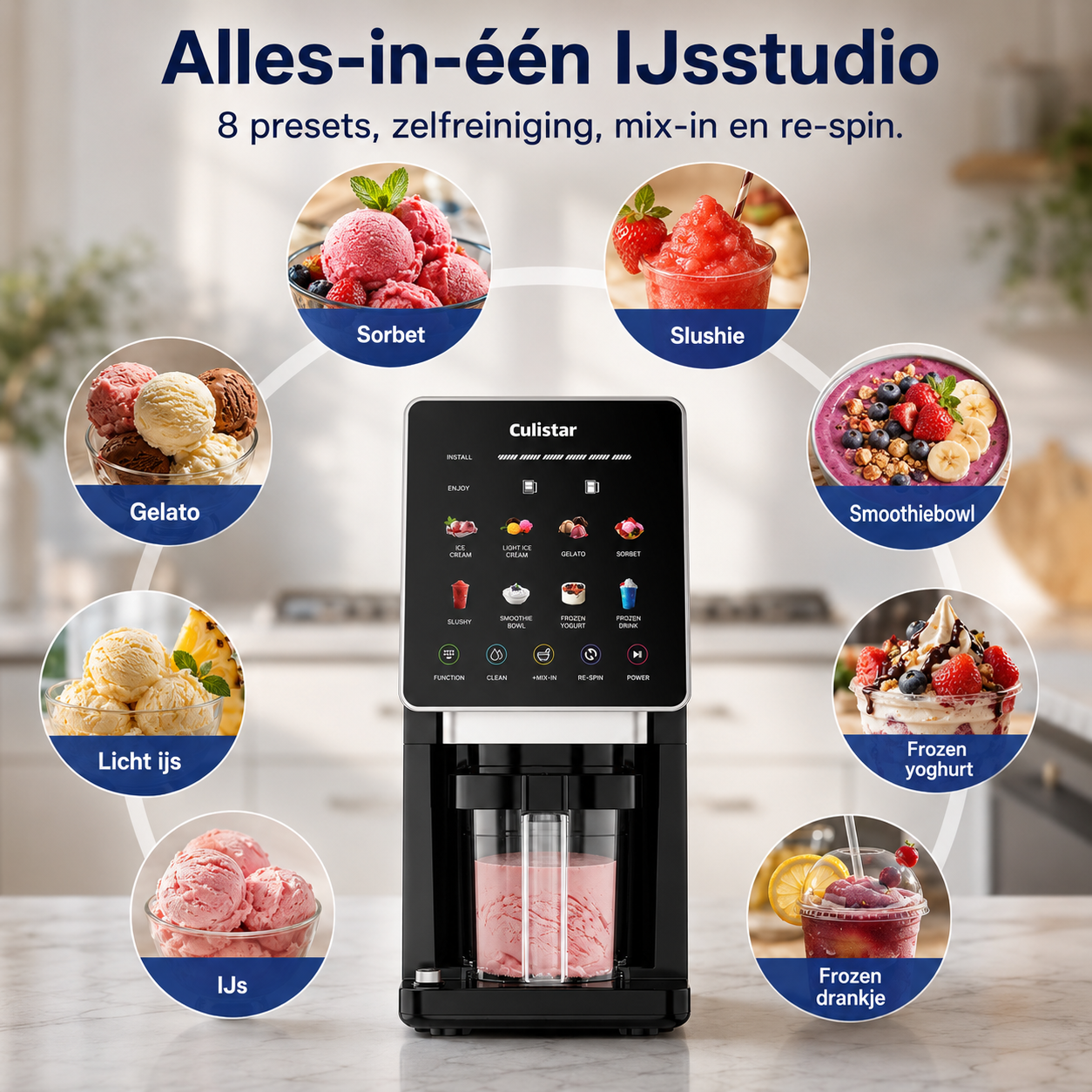 A black ice cream maker with 8 presets, surrounded by images of sorbet, slushie, smoothiebowl, yogurt, ice cream, and frozen drinks.