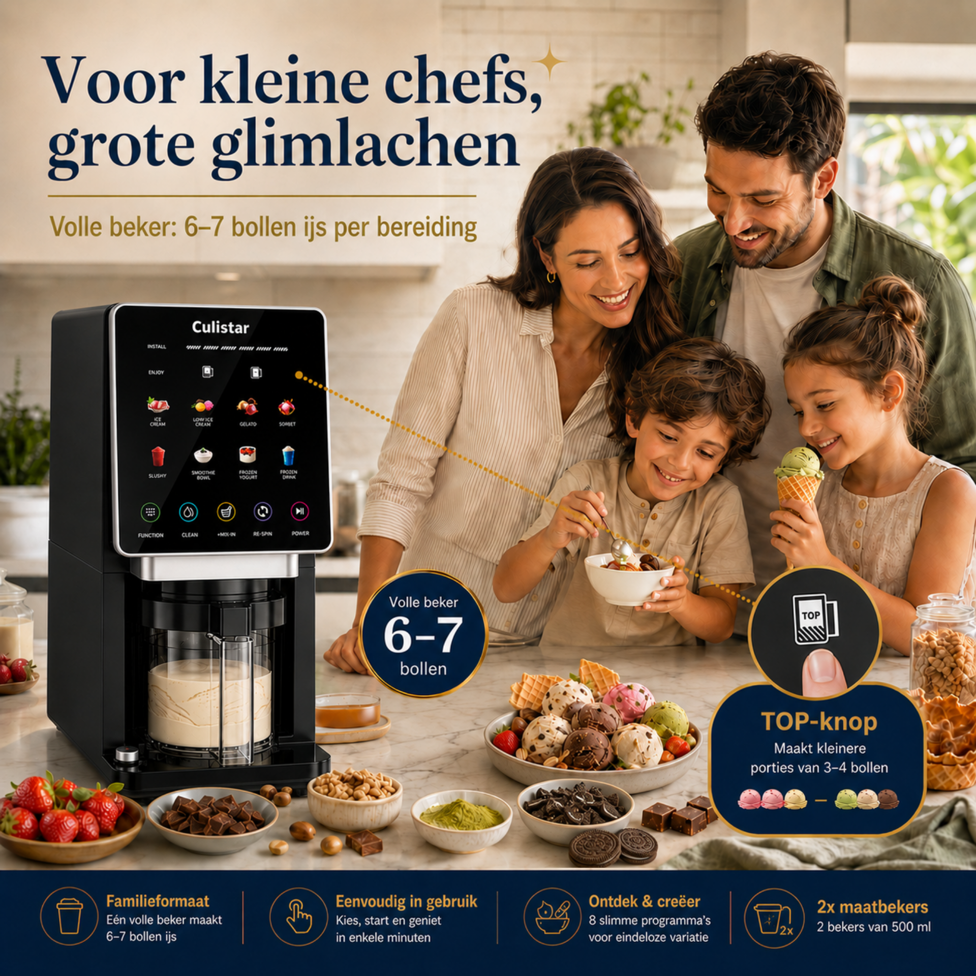 Family smiles around ice cream maker. Kids eating ice cream. Berries, chocolates, nuts visible.