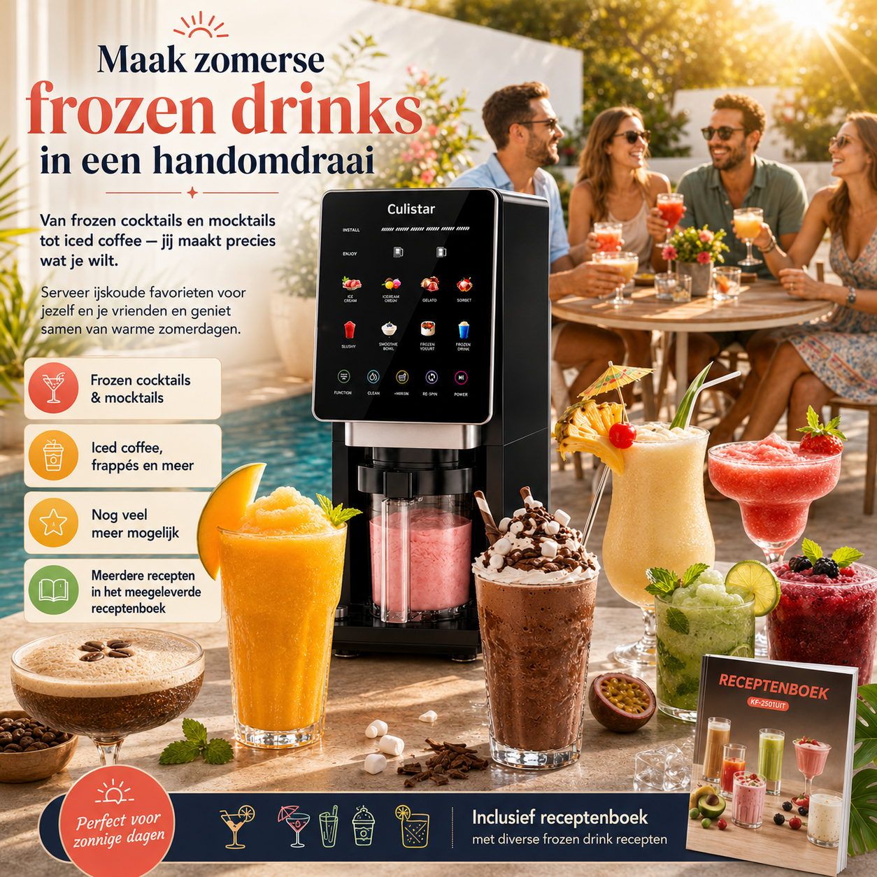 Culistar machine makes frozen drinks. People enjoy cocktails at a garden party.