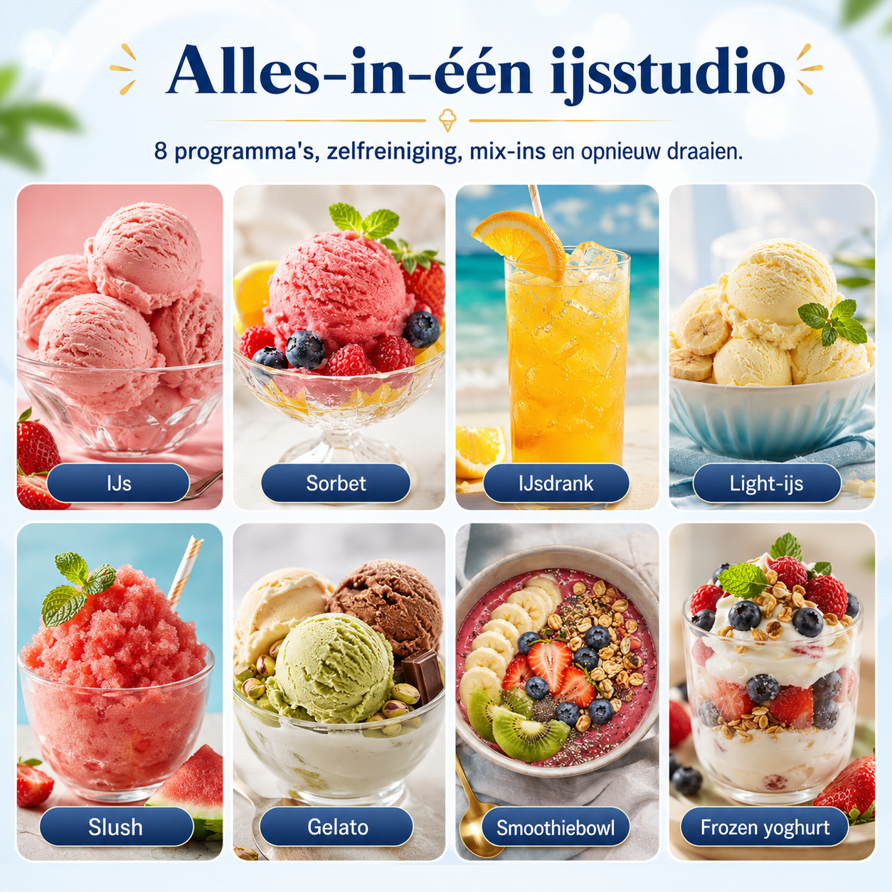 A collage of eight frosty treats: ice cream, sorbet, iced drink, light ice cream, slush, gelato, smoothie bowl, frozen yogurt.