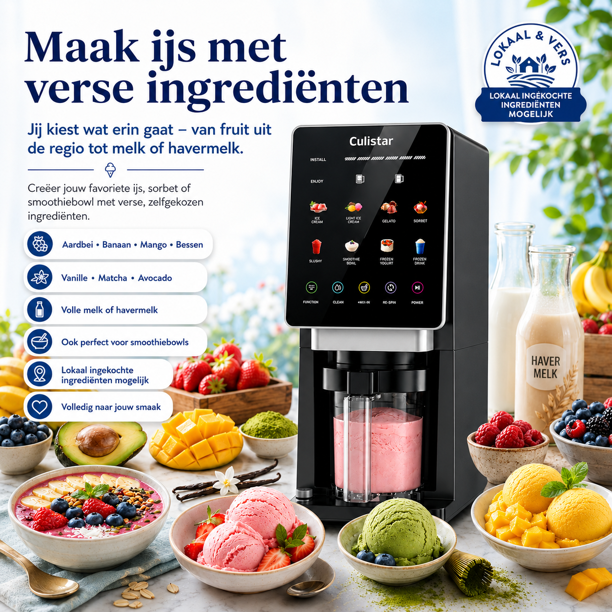 A dessert maker with ingredients like berries, mango, ice cream, and milk bottles.