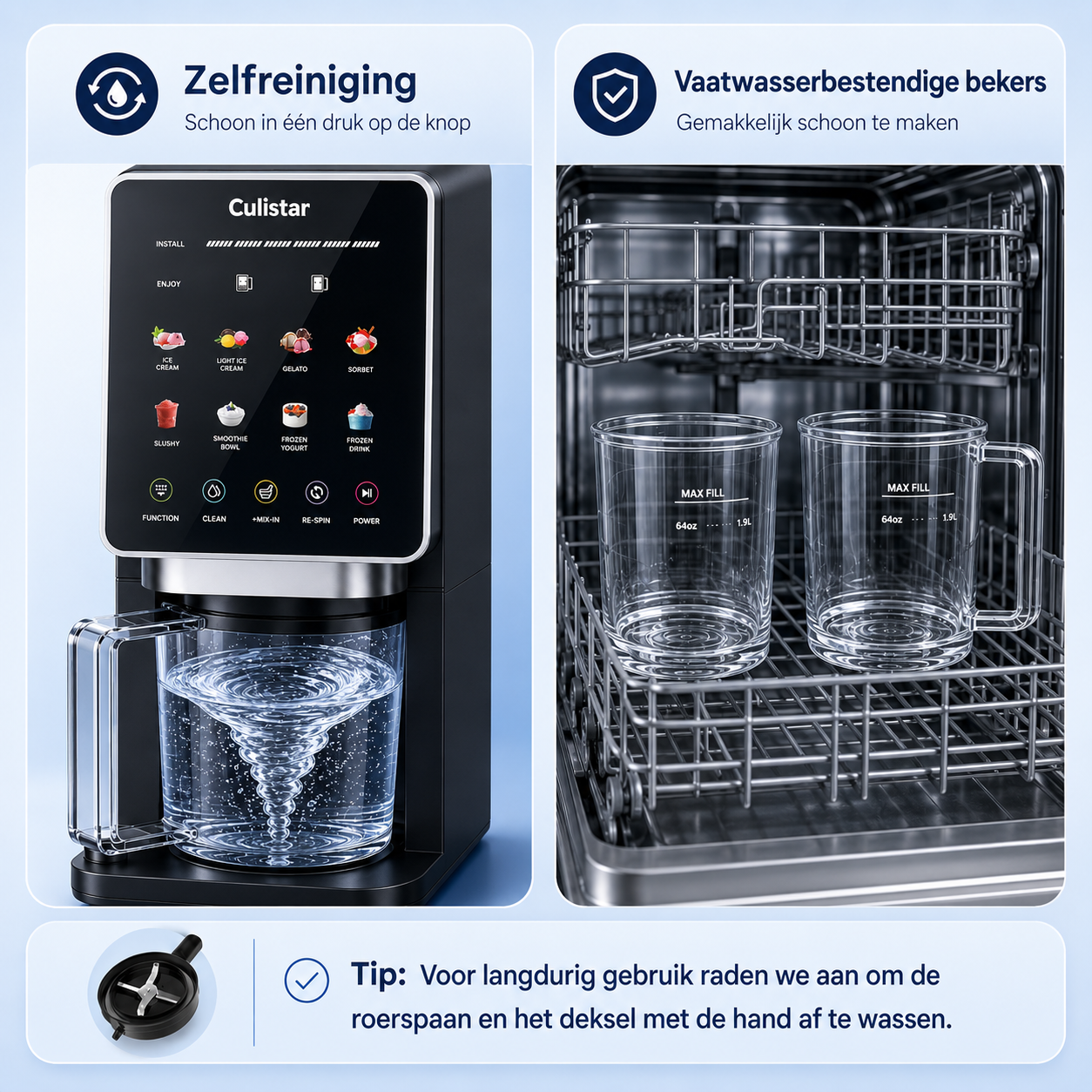 Ice cream maker with functions and two dishwasher baskets with glasses.