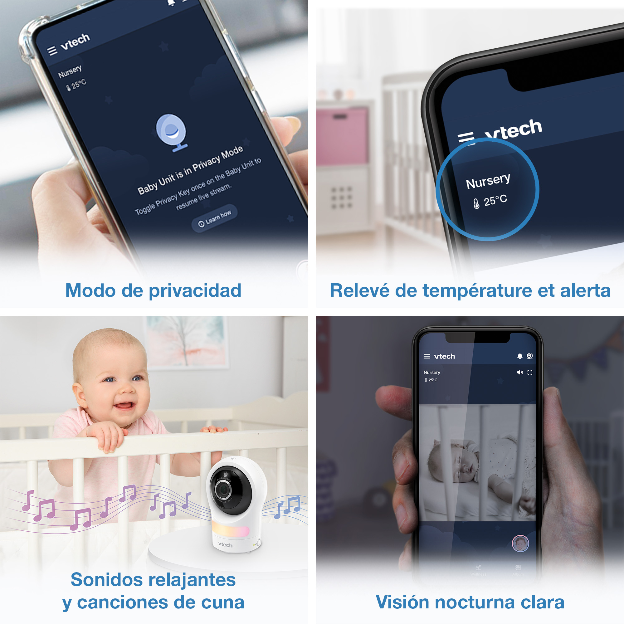 Vistas de la app: privacidad, temperatura, nana y visión nocturna.