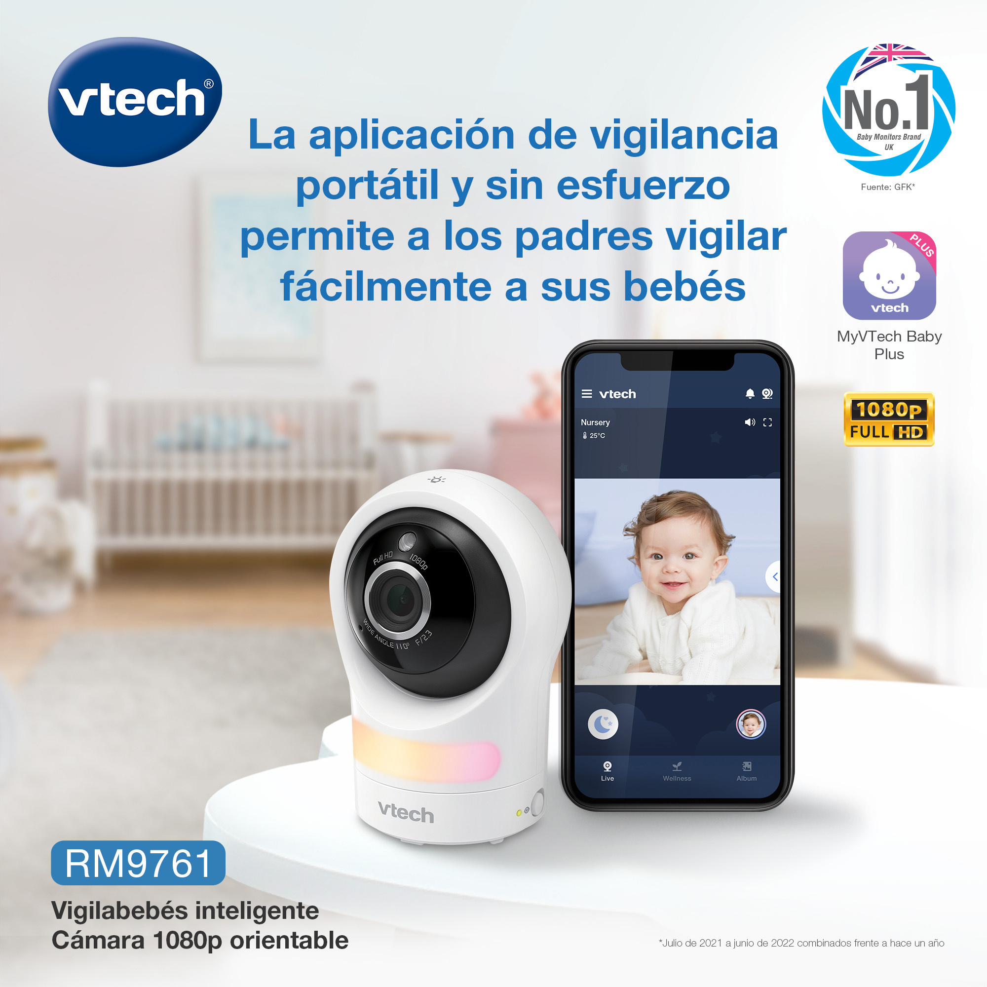 Cámara Vtech blanca y app de móvil mostrando un bebé.