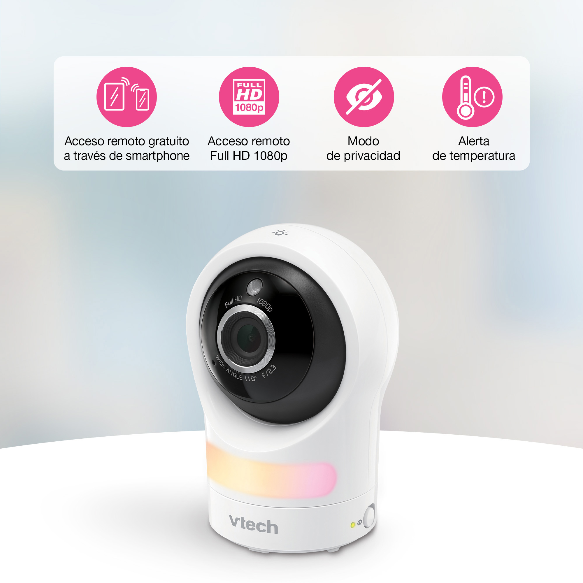 Un vigilabebés blanco con cámara y logo Vtech. Ofrece acceso remoto, Full HD, privacidad y alertas de temp.