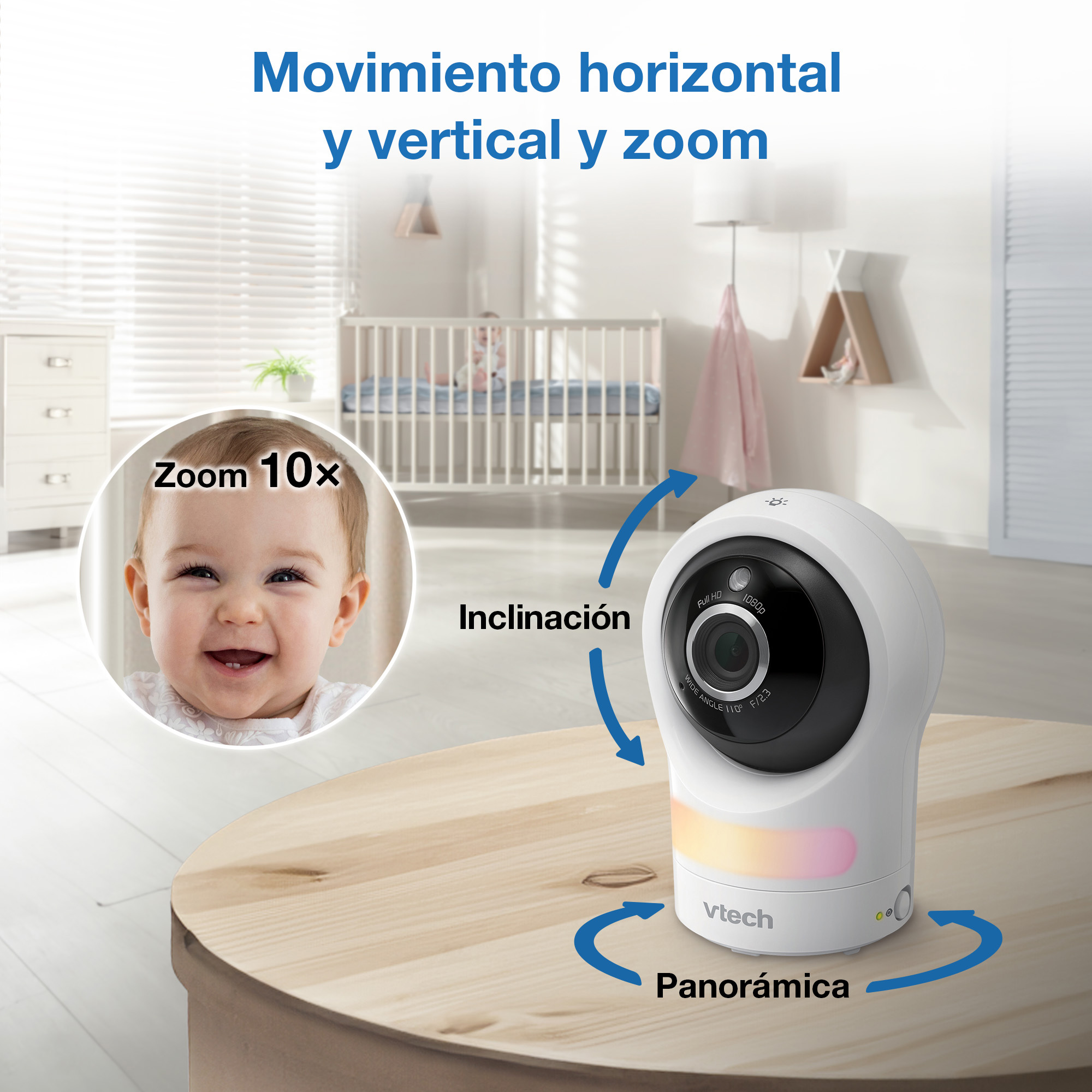 Vigilabebés con zoom, inclinación, paneo y movimiento horizontal/vertical en cuarto infantil.