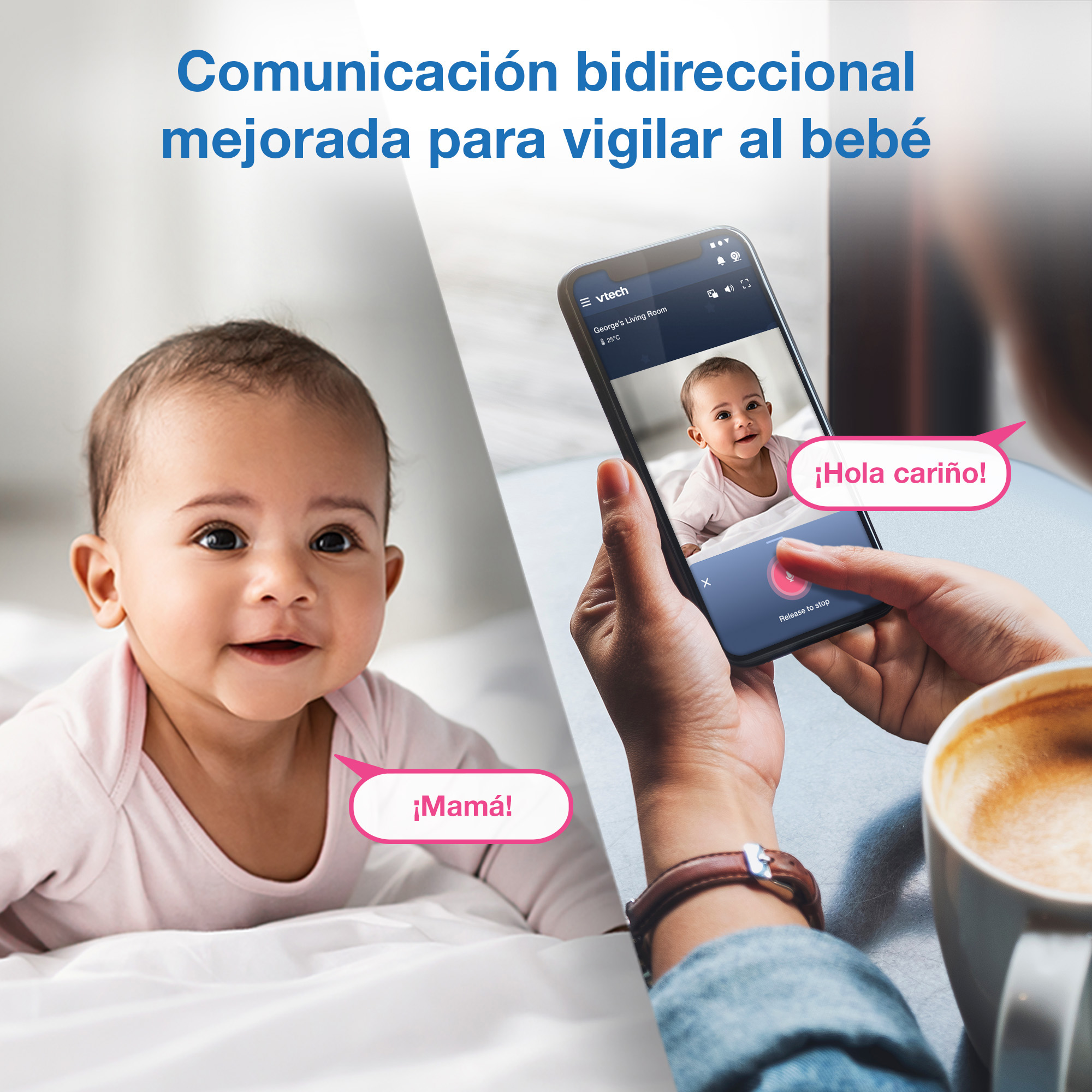 Un bebé sonríe mientras un teléfono muestra un bebé en pantalla.