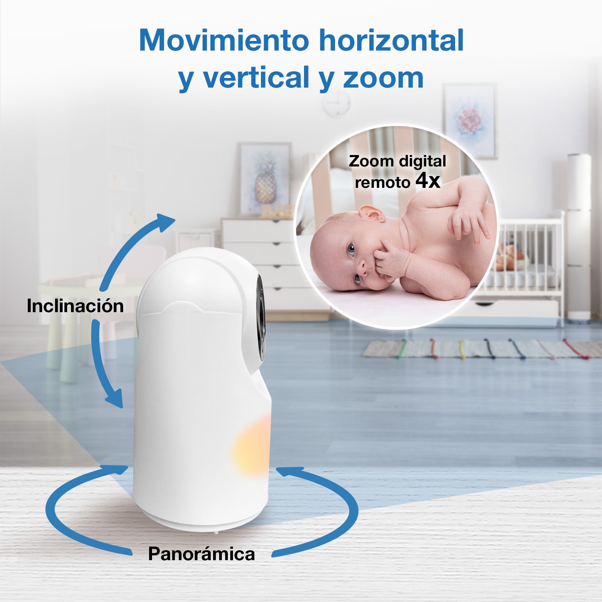Un vigilabebés blanco con funciones de giro, inclinación y zoom en una habitación infantil.